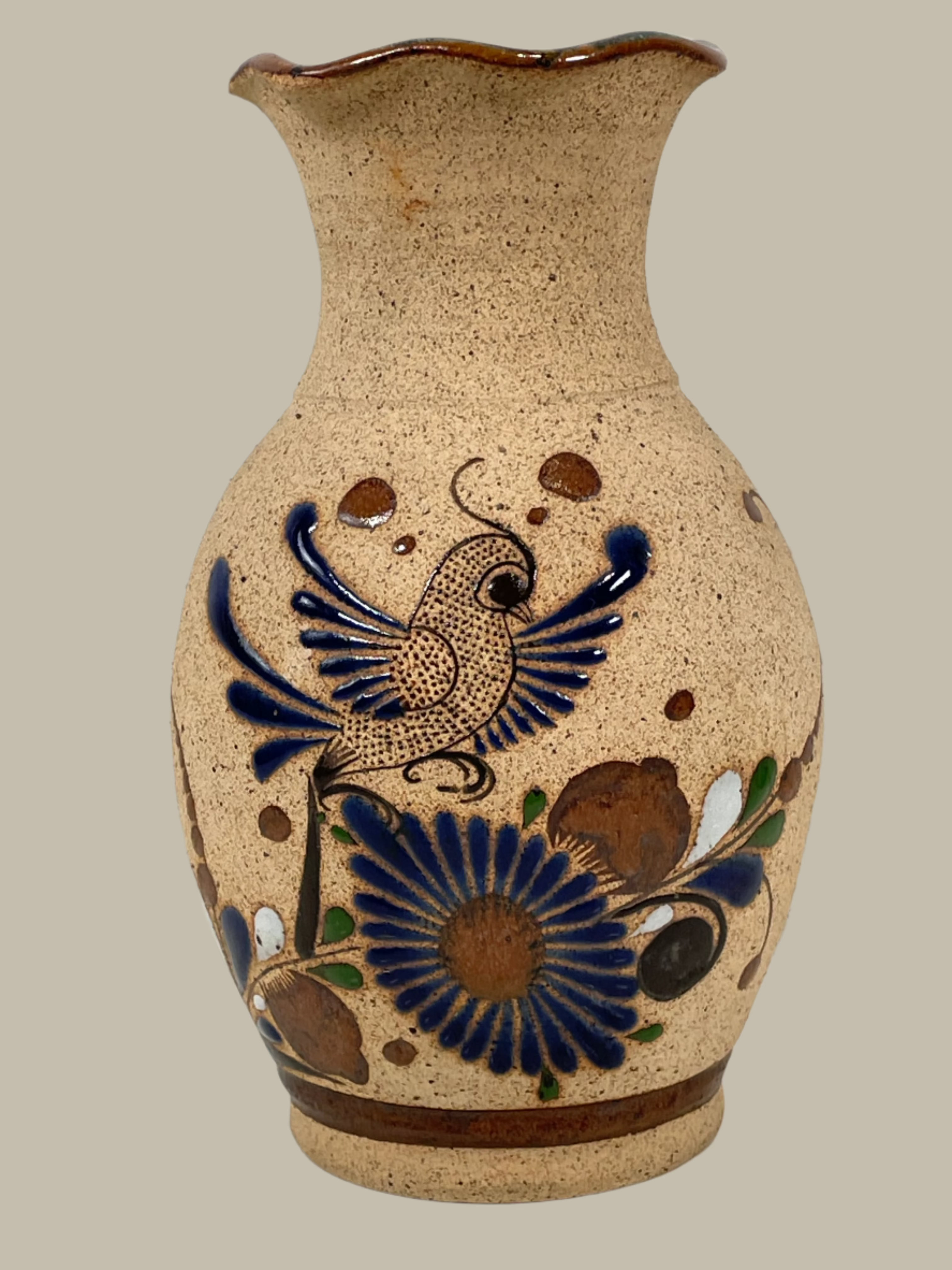 Hand Made Signed 'ZMEXIS', Mexican, Bird Flower Stoneware Studio Vase Art.