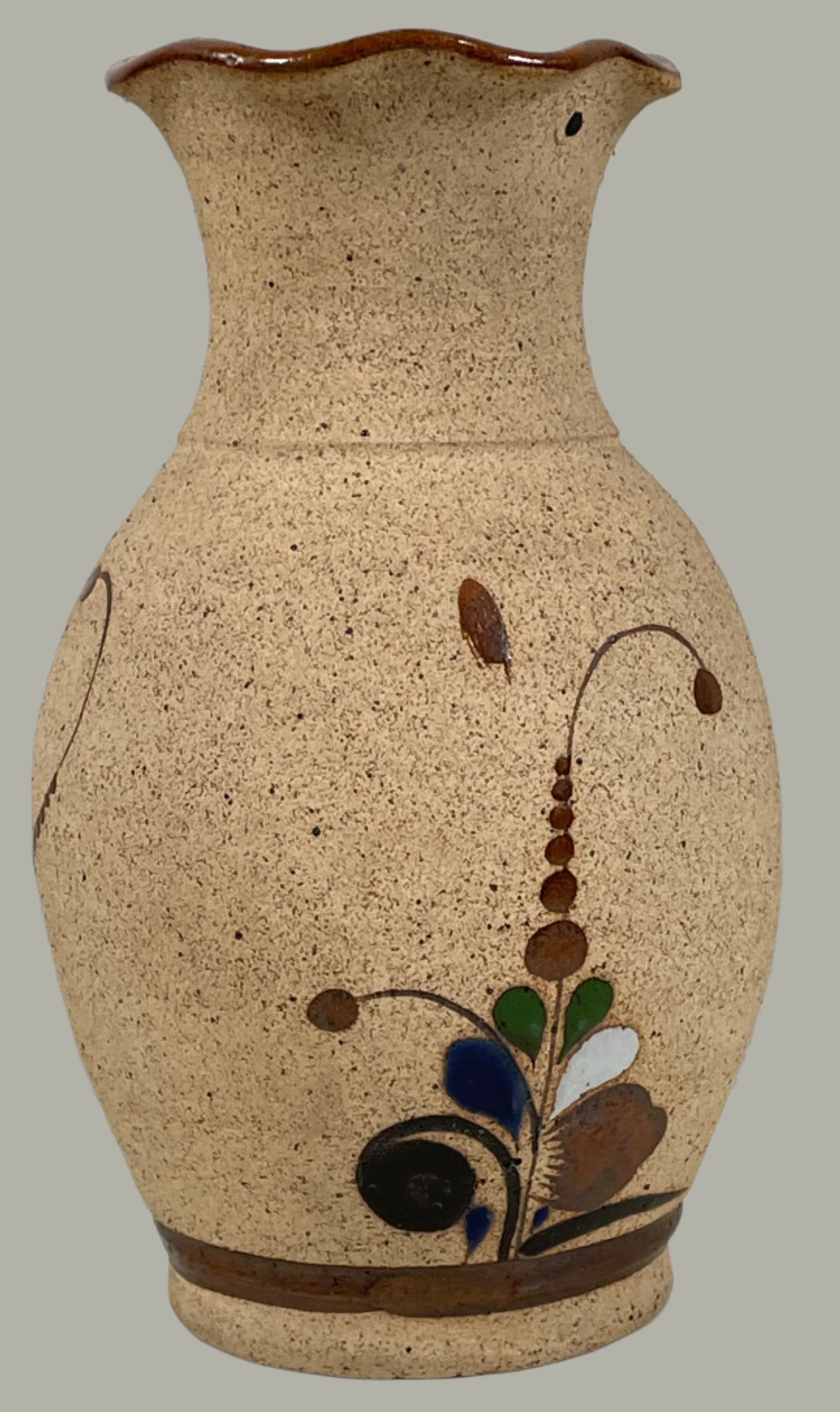 Hand Made Signed 'ZMEXIS', Mexican, Bird Flower Stoneware Studio Vase Art.