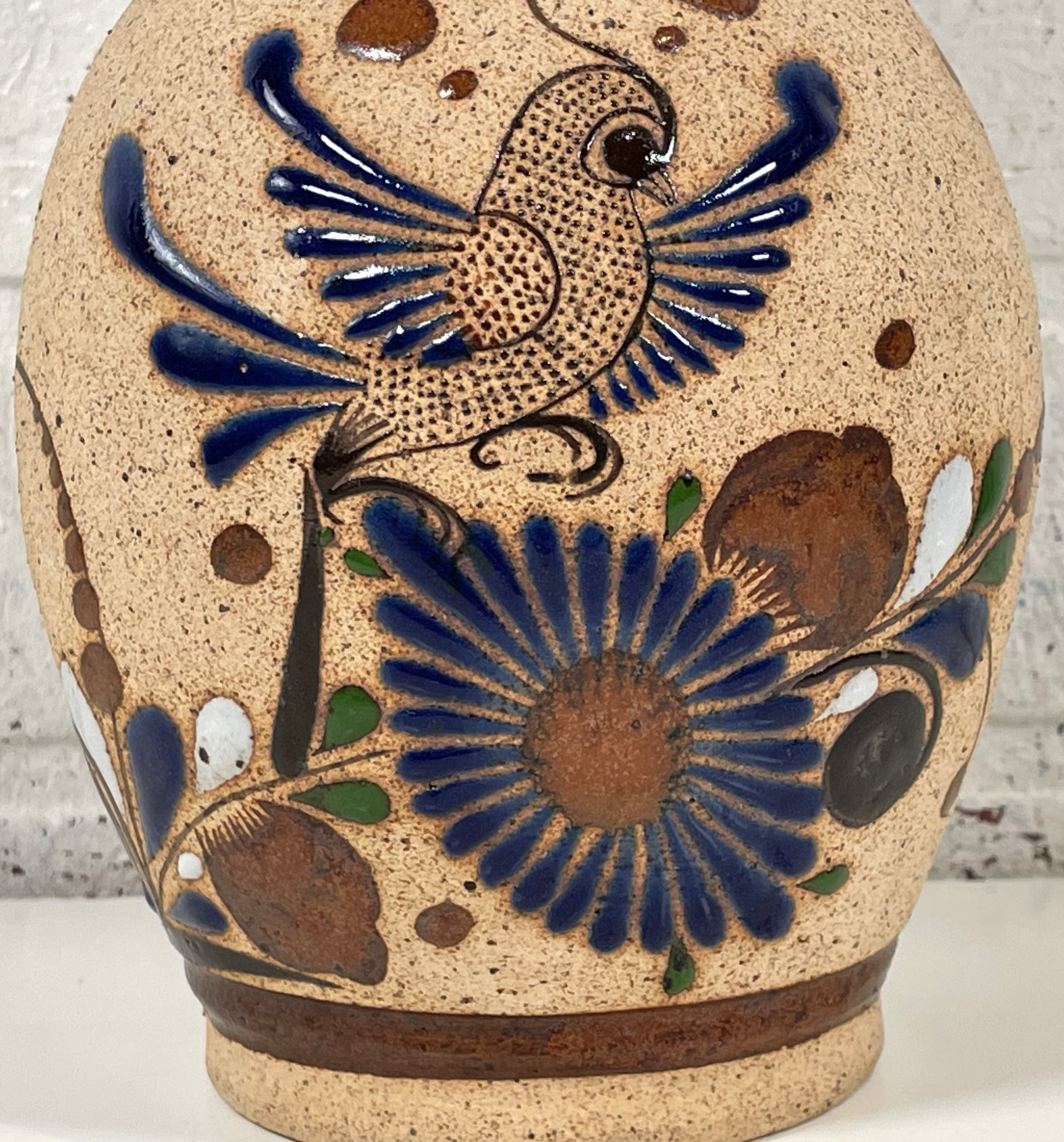 Hand Made Signed 'ZMEXIS', Mexican, Bird Flower Stoneware Studio Vase Art.