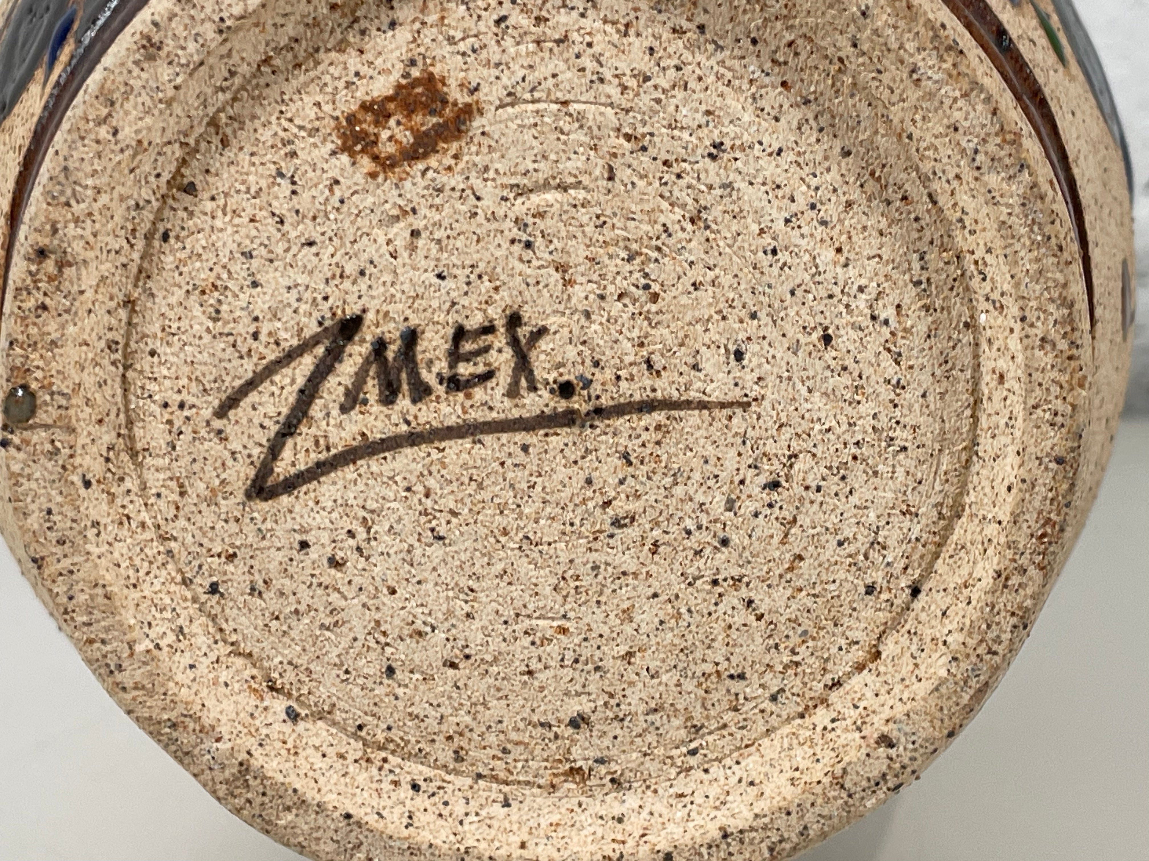 Hand Made Signed 'ZMEXIS', Mexican, Bird Flower Stoneware Studio Vase Art.