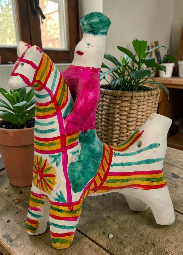 Soviet Filimonovo clay whistle rider horse, hand-painted Russian folk art figurine with bright stripes, collectible Tula style piece with vintage charm.