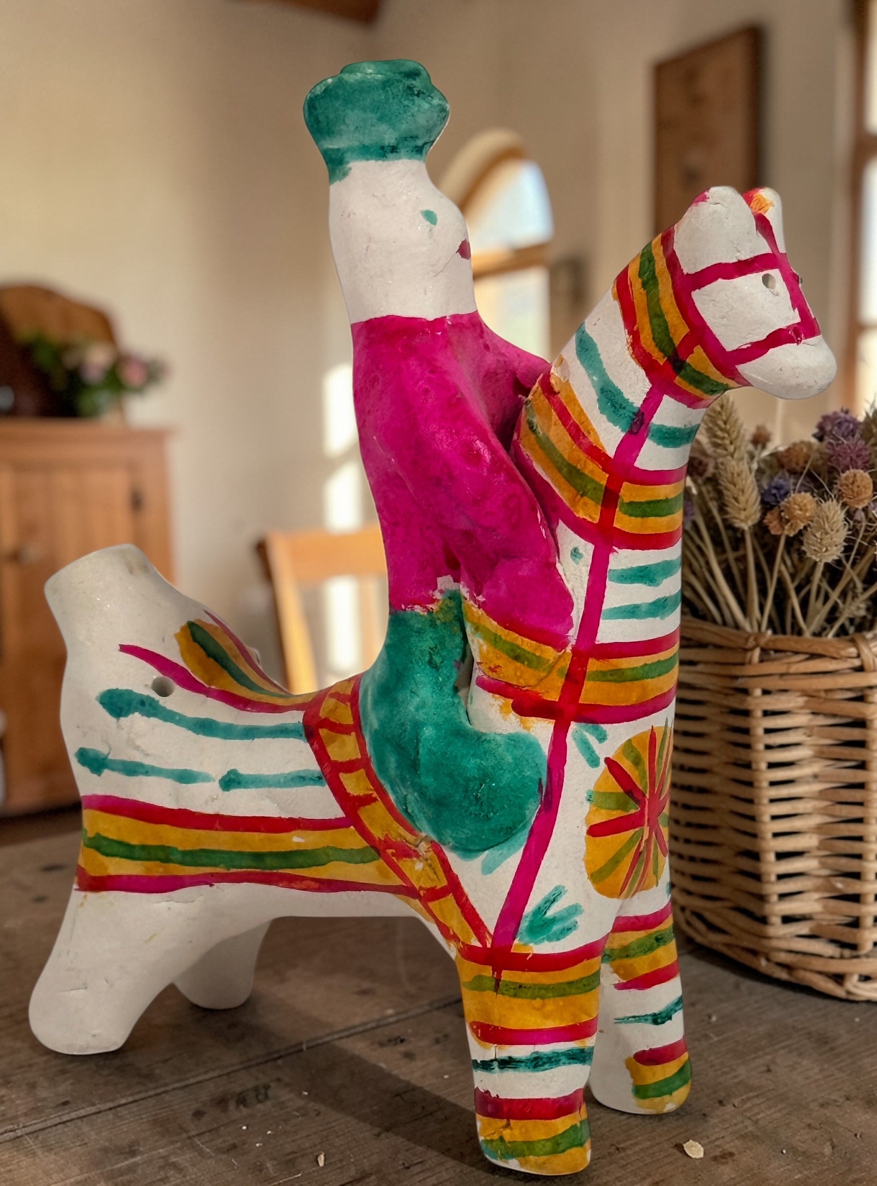 Soviet Filimonovo clay whistle rider horse, hand-painted Russian folk art figurine with bright stripes, collectible Tula style piece with vintage charm.