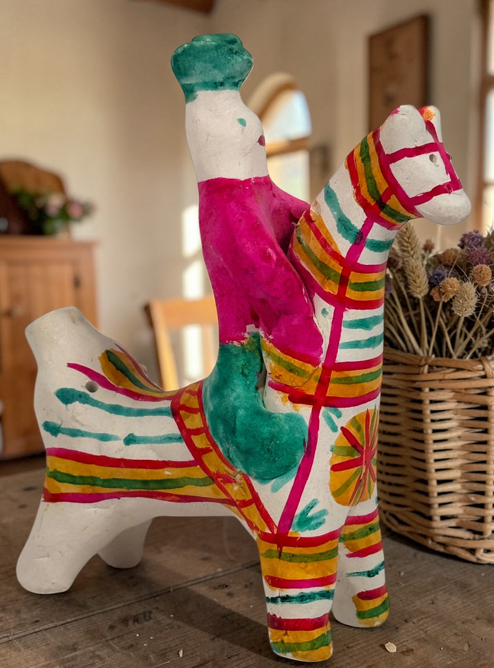 Soviet Filimonovo clay whistle rider horse, hand-painted Russian folk art figurine with bright stripes, collectible Tula style piece with vintage charm.