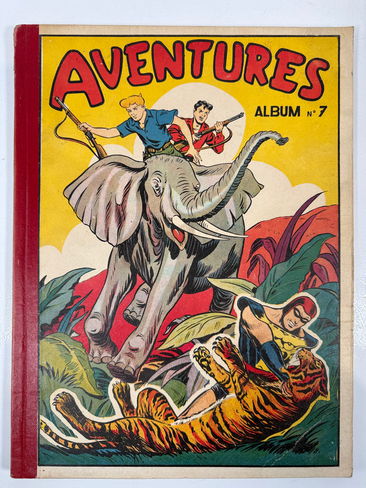 Vintage book cover with illustration of a man fighting a tiger and an elephant, titled 'Aventures'.