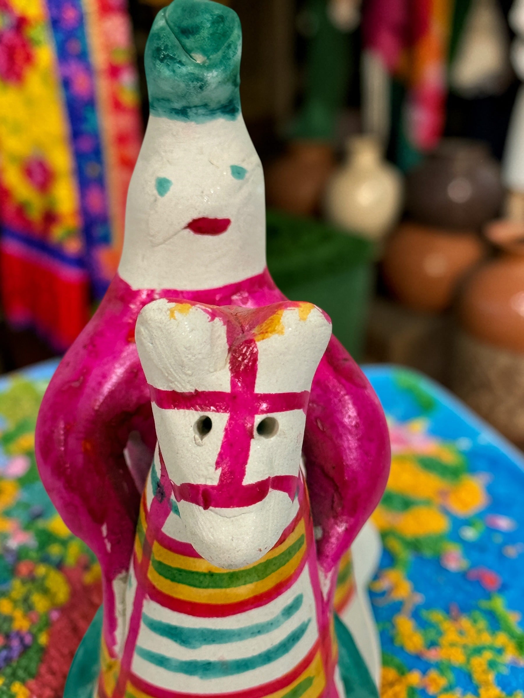 Soviet Filimonovo clay whistle rider horse, hand-painted Russian folk art figurine with bright stripes, collectible Tula style piece with vintage charm.