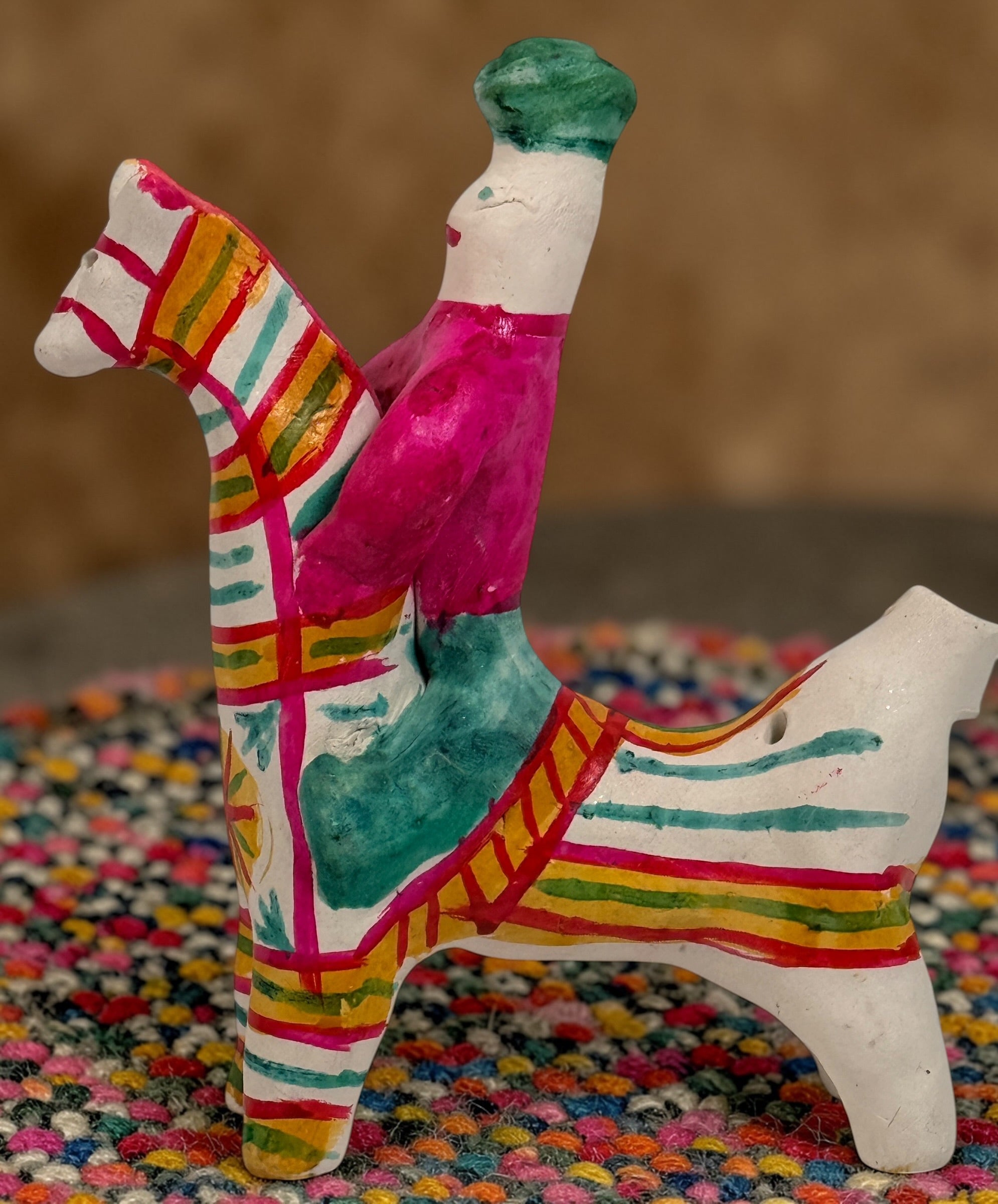 Soviet Filimonovo clay whistle rider horse, hand-painted Russian folk art figurine with bright stripes, collectible Tula style piece with vintage charm.