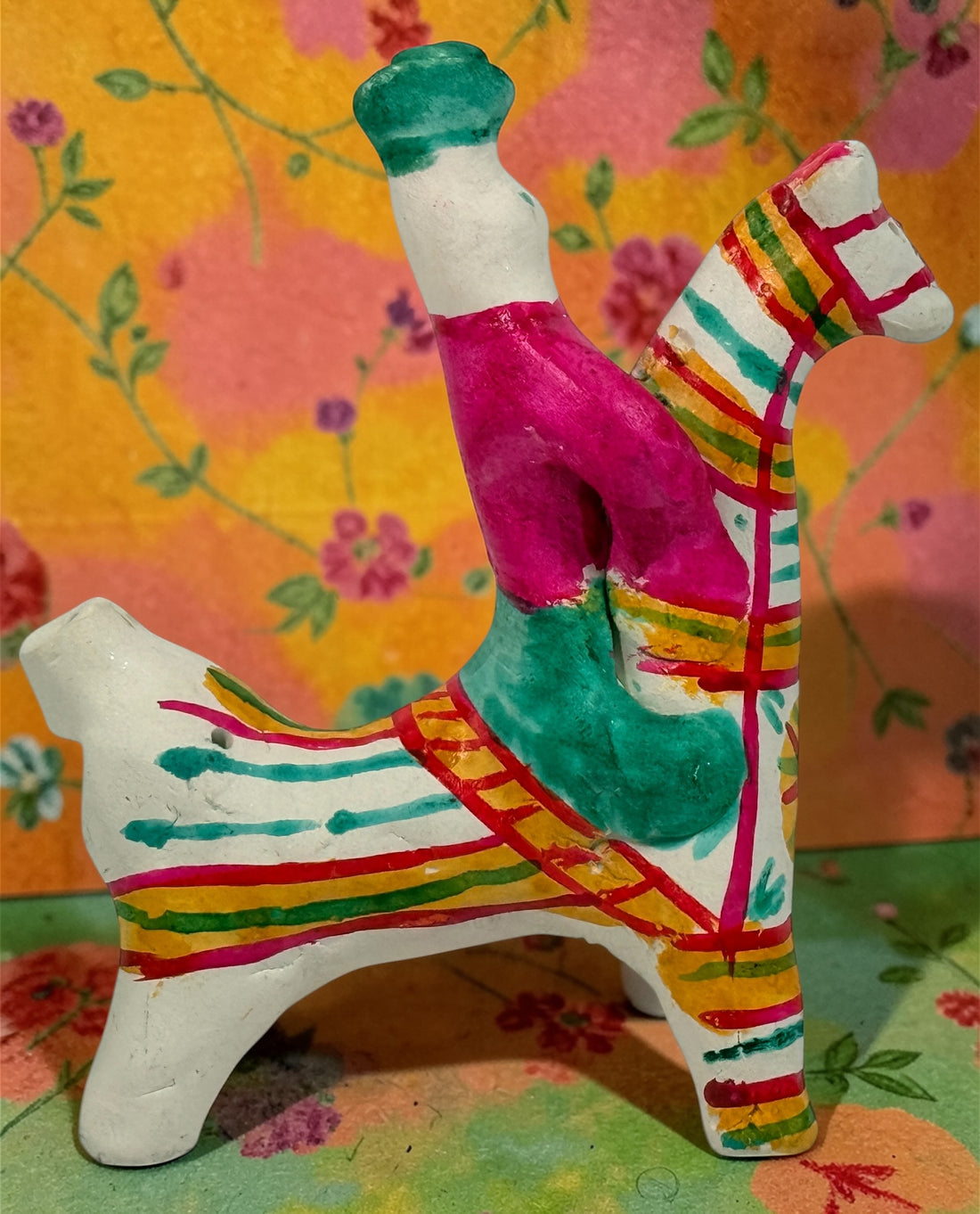Soviet Filimonovo clay whistle rider horse, hand-painted Russian folk art figurine with bright stripes, collectible Tula style piece with vintage charm.
