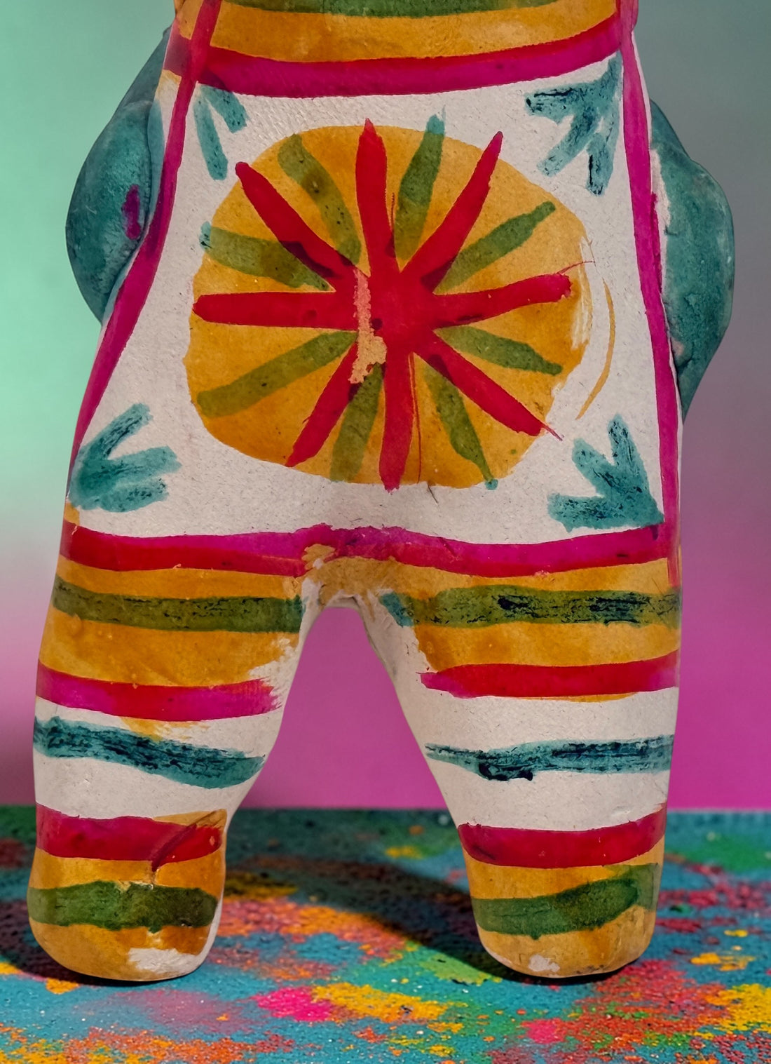 Soviet Filimonovo clay whistle rider horse, hand-painted Russian folk art figurine with bright stripes, collectible Tula style piece with vintage charm.