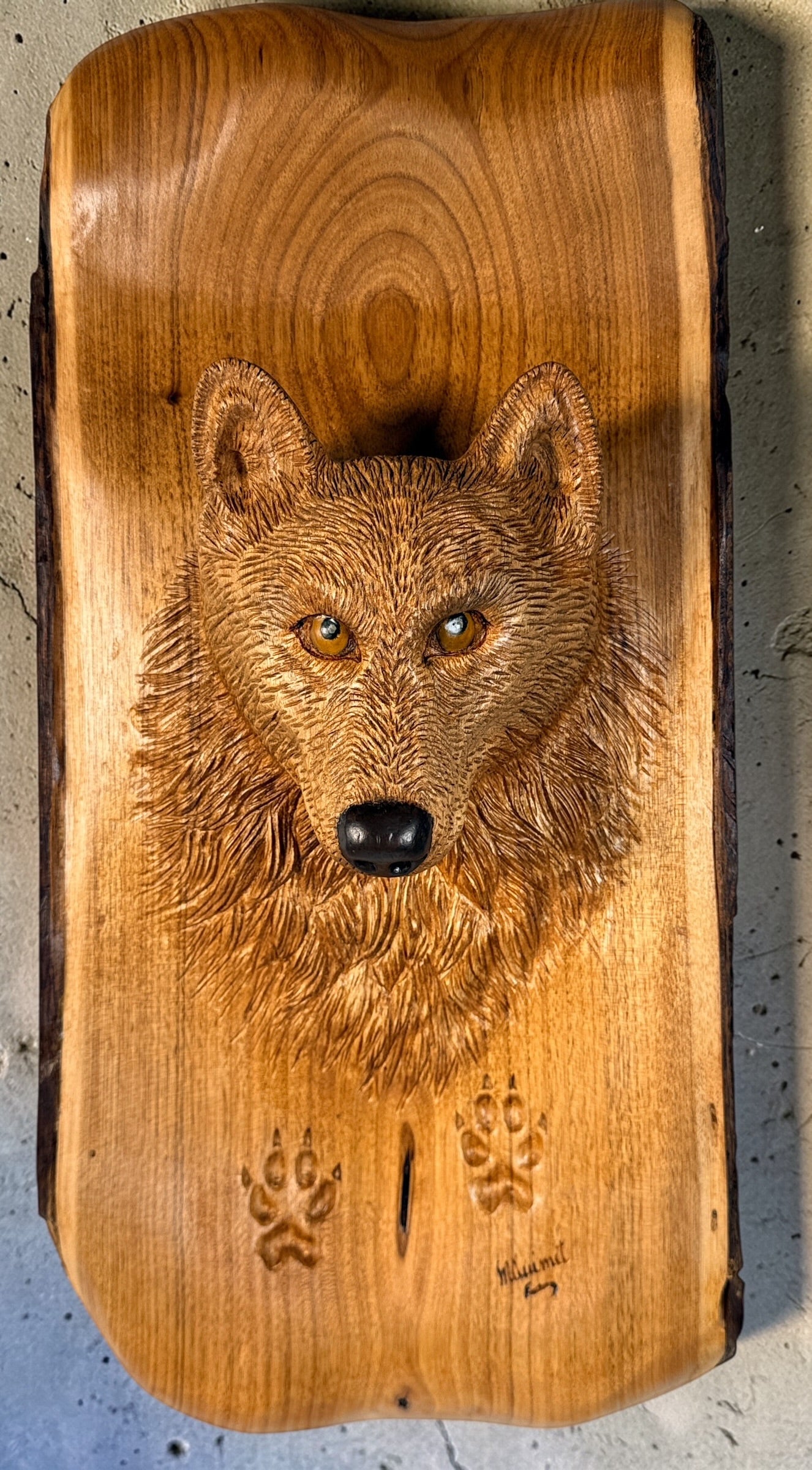 Hand carved raccoon wood wall plaque signed M Ouimet 16 inch rustic Quebec folk art wildlife carving lodge decor live edge wood collectible.