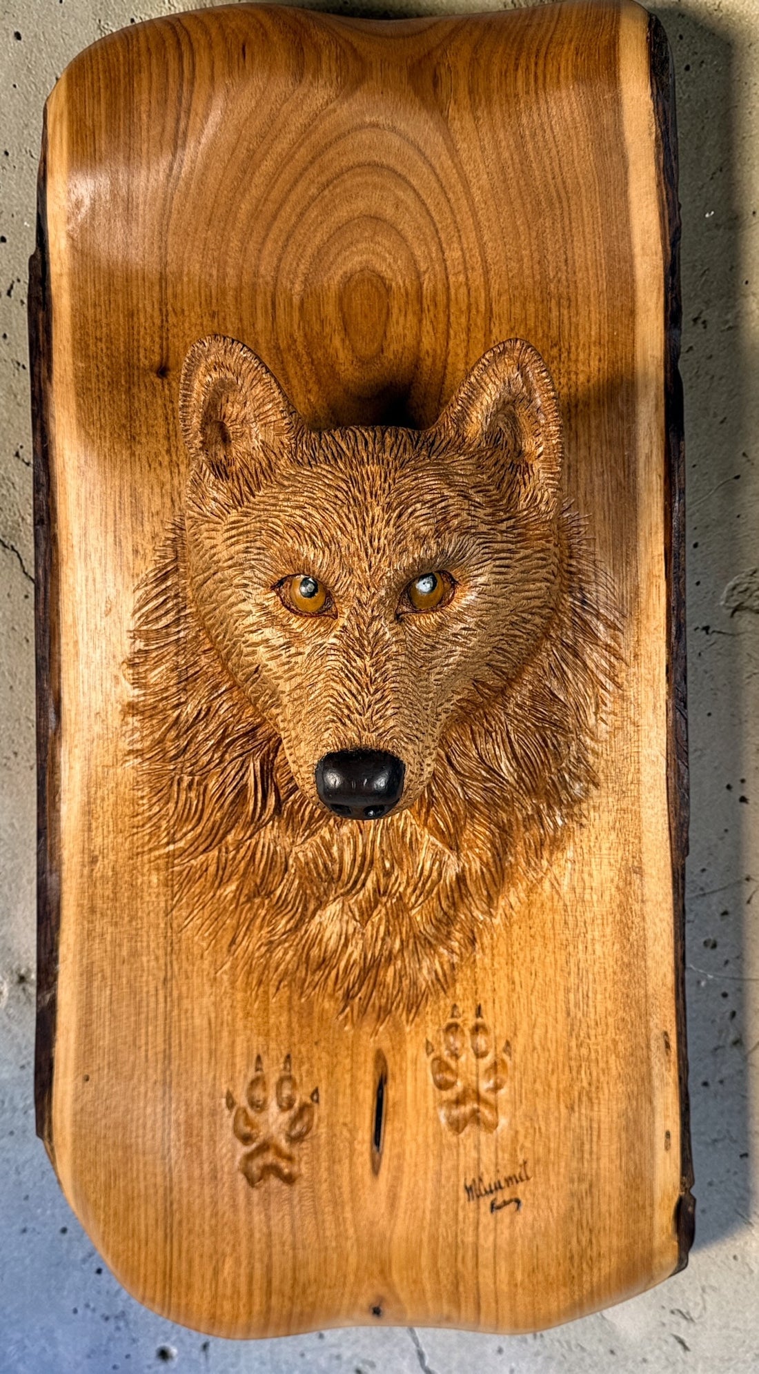 Hand carved raccoon wood wall plaque signed M Ouimet 16 inch rustic Quebec folk art wildlife carving lodge decor live edge wood collectible.