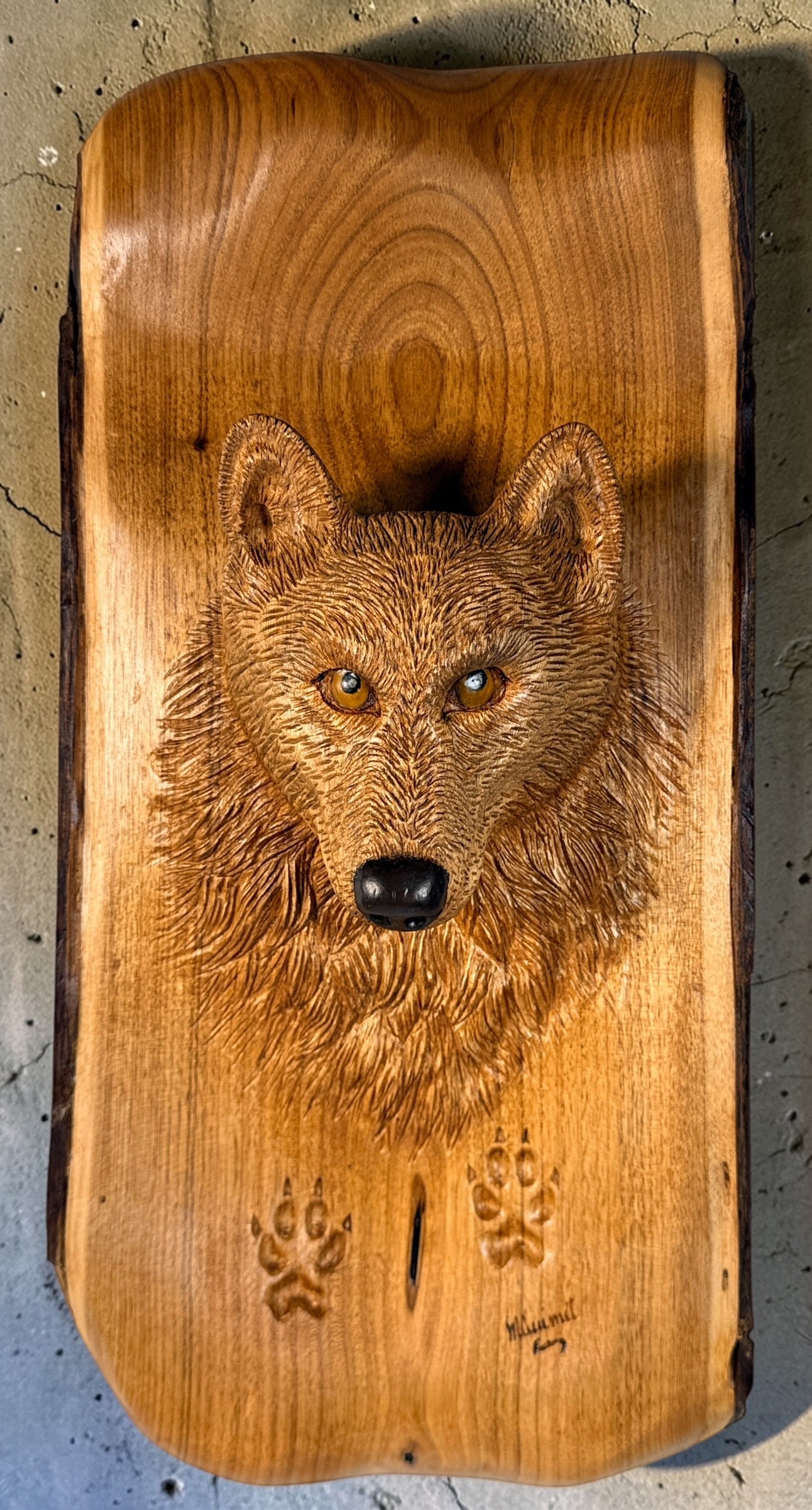 Hand carved raccoon wood wall plaque signed M Ouimet 16 inch rustic Quebec folk art wildlife carving lodge decor live edge wood collectible.