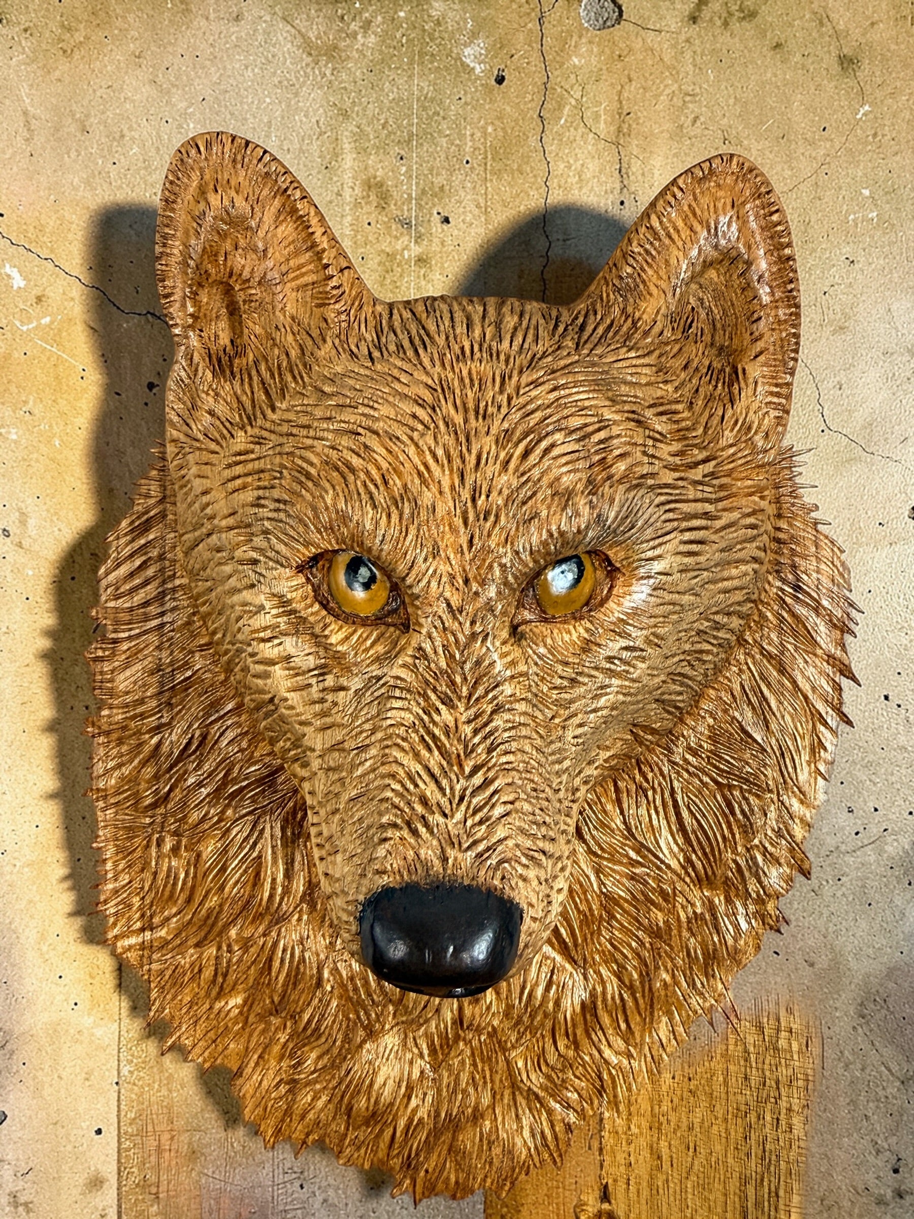 Hand carved raccoon wood wall plaque signed M Ouimet 16 inch rustic Quebec folk art wildlife carving lodge decor live edge wood collectible.