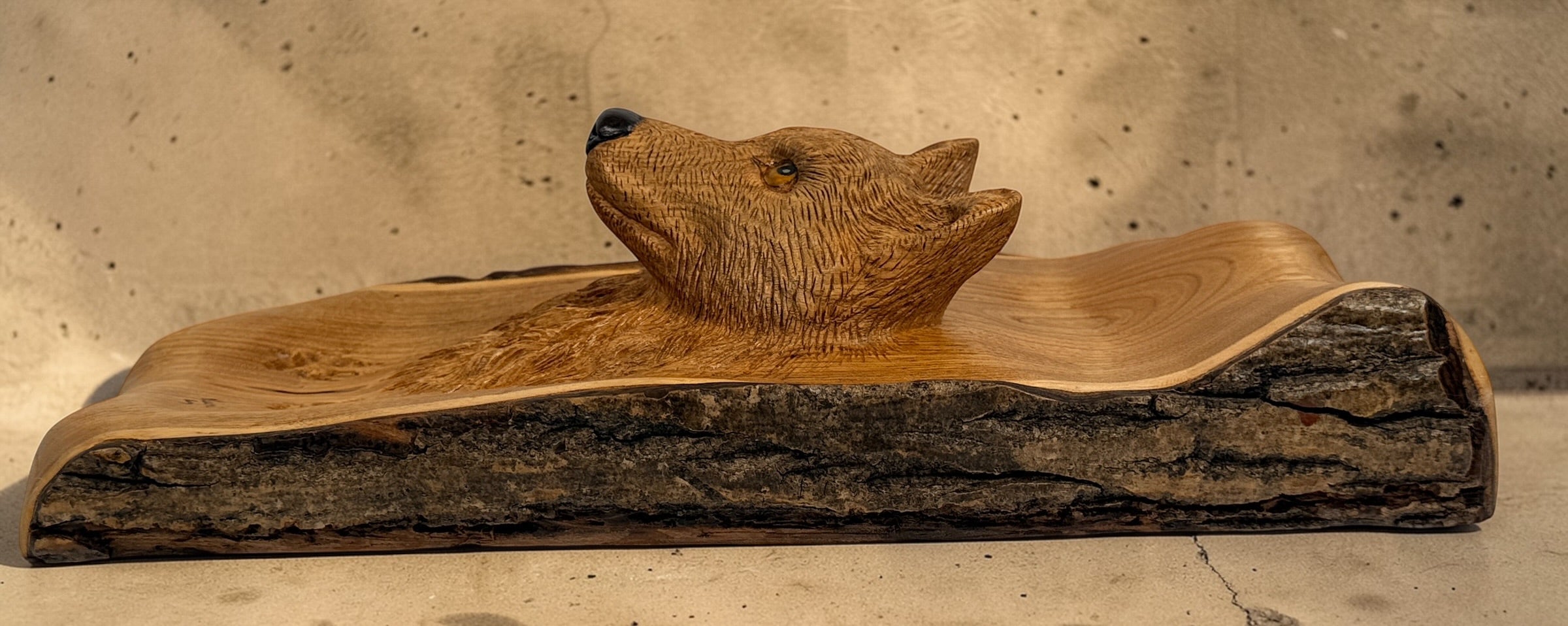 Hand carved raccoon wood wall plaque signed M Ouimet 16 inch rustic Quebec folk art wildlife carving lodge decor live edge wood collectible.