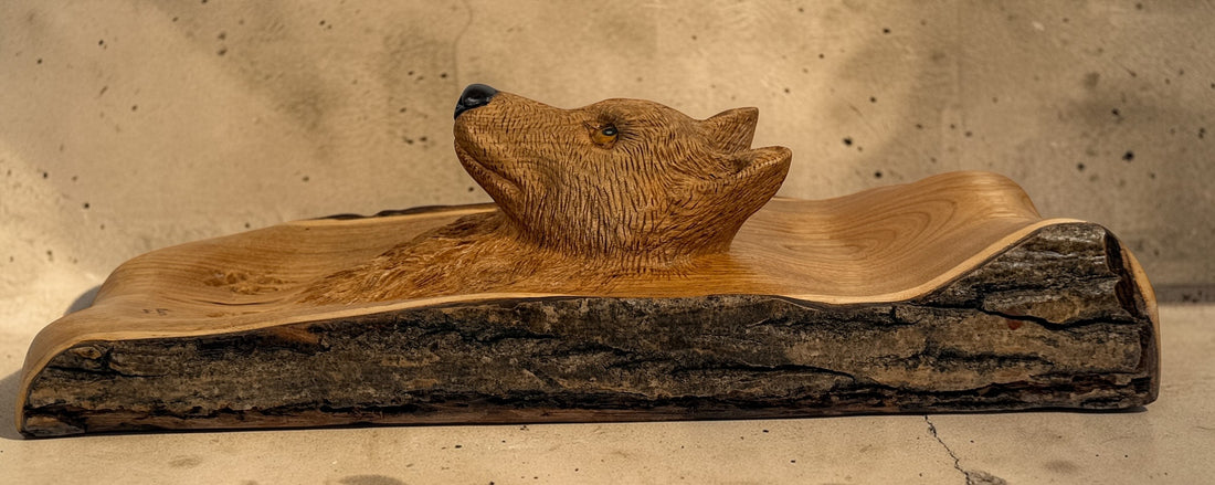 Hand carved raccoon wood wall plaque signed M Ouimet 16 inch rustic Quebec folk art wildlife carving lodge decor live edge wood collectible.