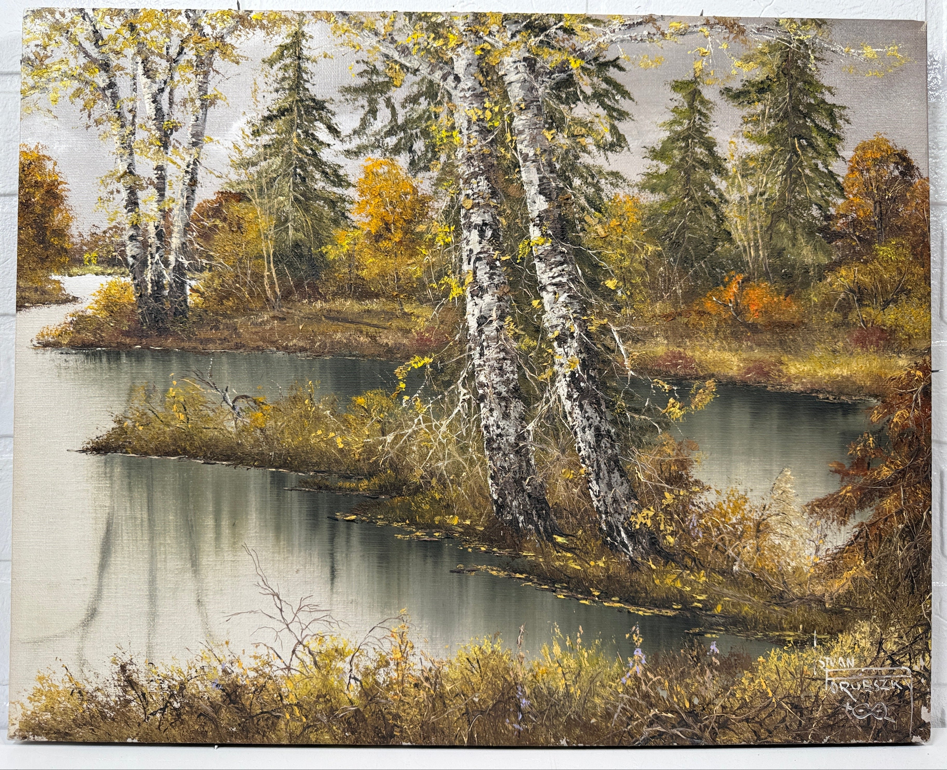 1982 Stan (István) Porubszky Oil Painting – Autumn Birch River