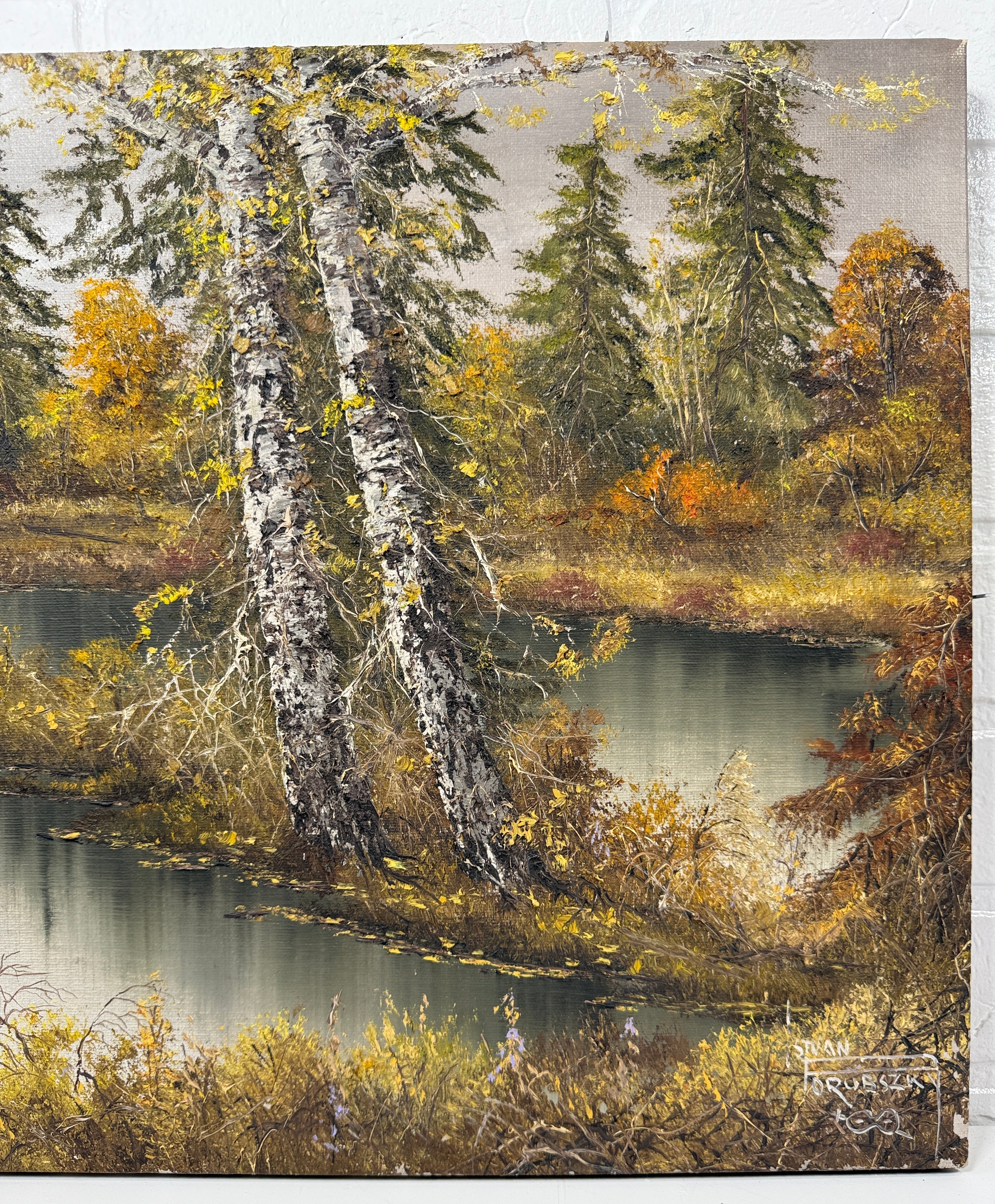 1982  Stan (István) Porubszky  Oil Painting – Autumn Birch River Scene