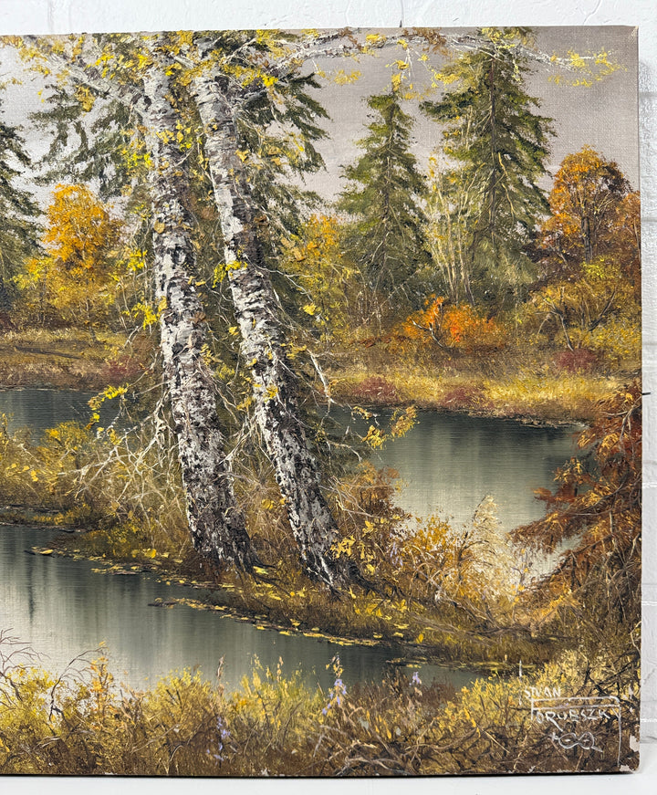 1982  Stan (István) Porubszky  Oil Painting – Autumn Birch River Scene