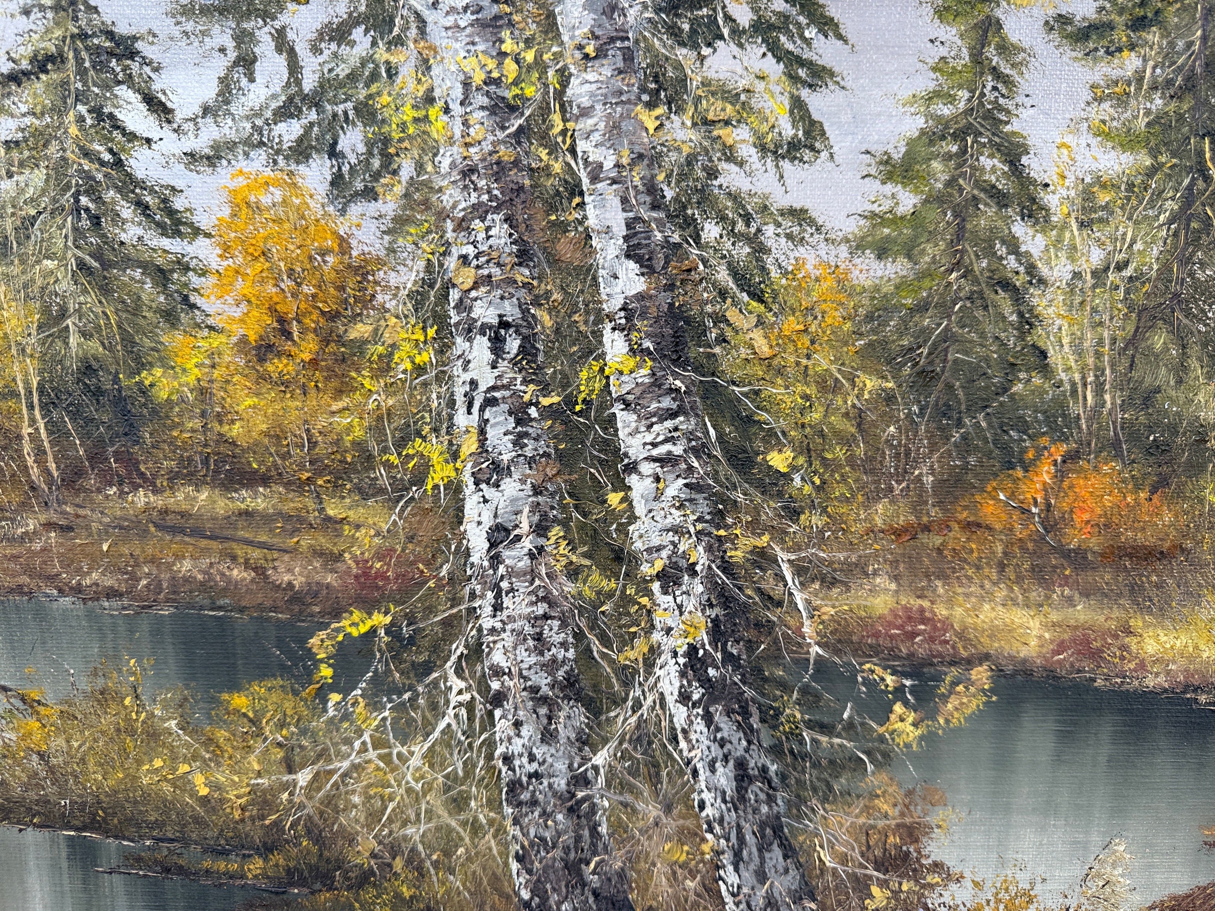 1982  Stan (István) Porubszky  Oil Painting – Autumn Birch River Scene