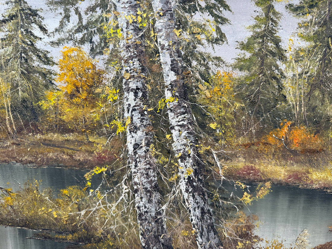 1982  Stan (István) Porubszky  Oil Painting – Autumn Birch River Scene