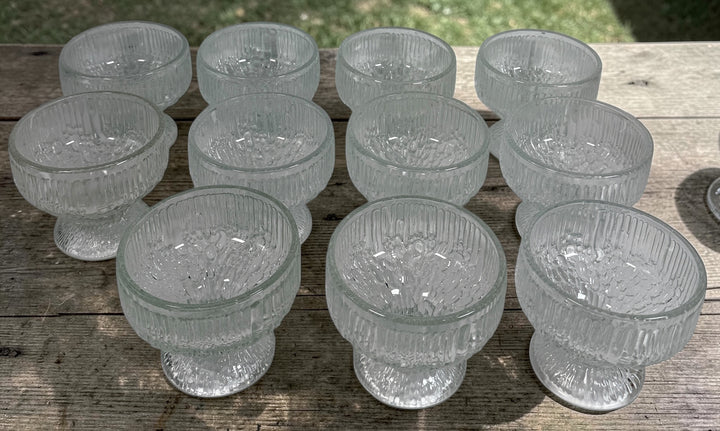 Vintage Anchor Hocking Queen Mary dessert cups set of 11. Ribbed clear glass sherbet bowls, perfect for parfaits, ice cream, and entertaining.
