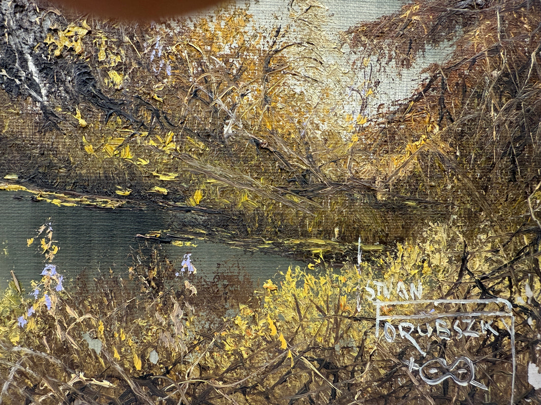 1982  Stan (István) Porubszky  Oil Painting – Autumn Birch River Scene