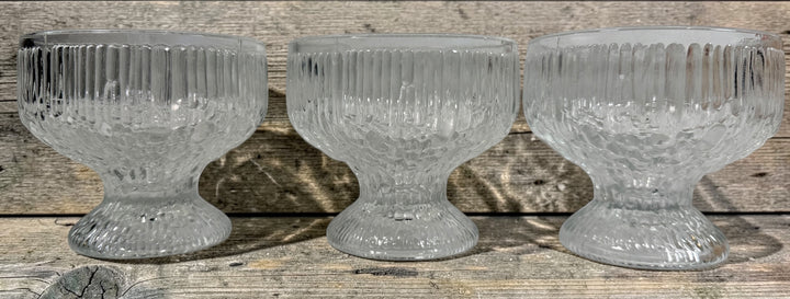 Vintage Anchor Hocking Queen Mary dessert cups set of 11. Ribbed clear glass sherbet bowls, perfect for parfaits, ice cream, and entertaining.