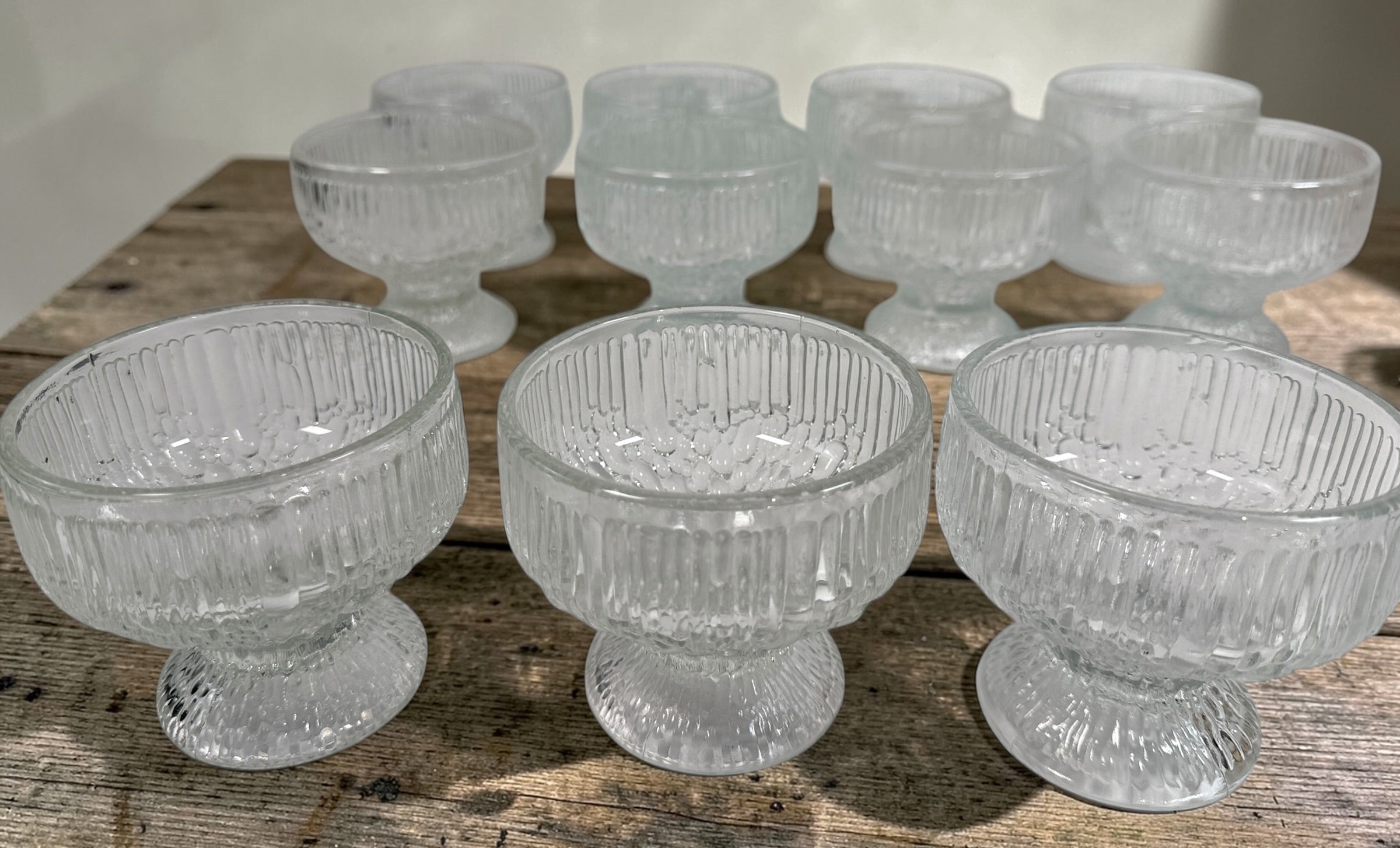 Vintage Anchor Hocking Queen Mary dessert cups set of 11. Ribbed clear glass sherbet bowls, perfect for parfaits, ice cream, and entertaining.