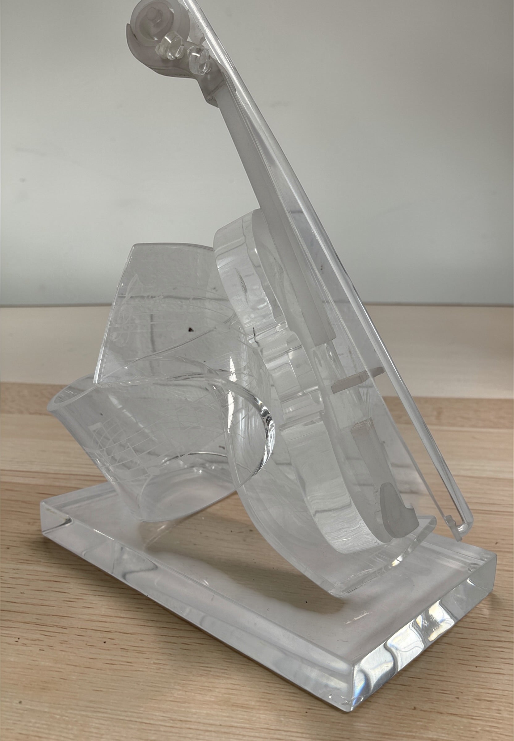 Signed Edith Cantin acrylic violin sculpture with etched musical notes. Unique Quebec studio art piece combining display and functional barware design.