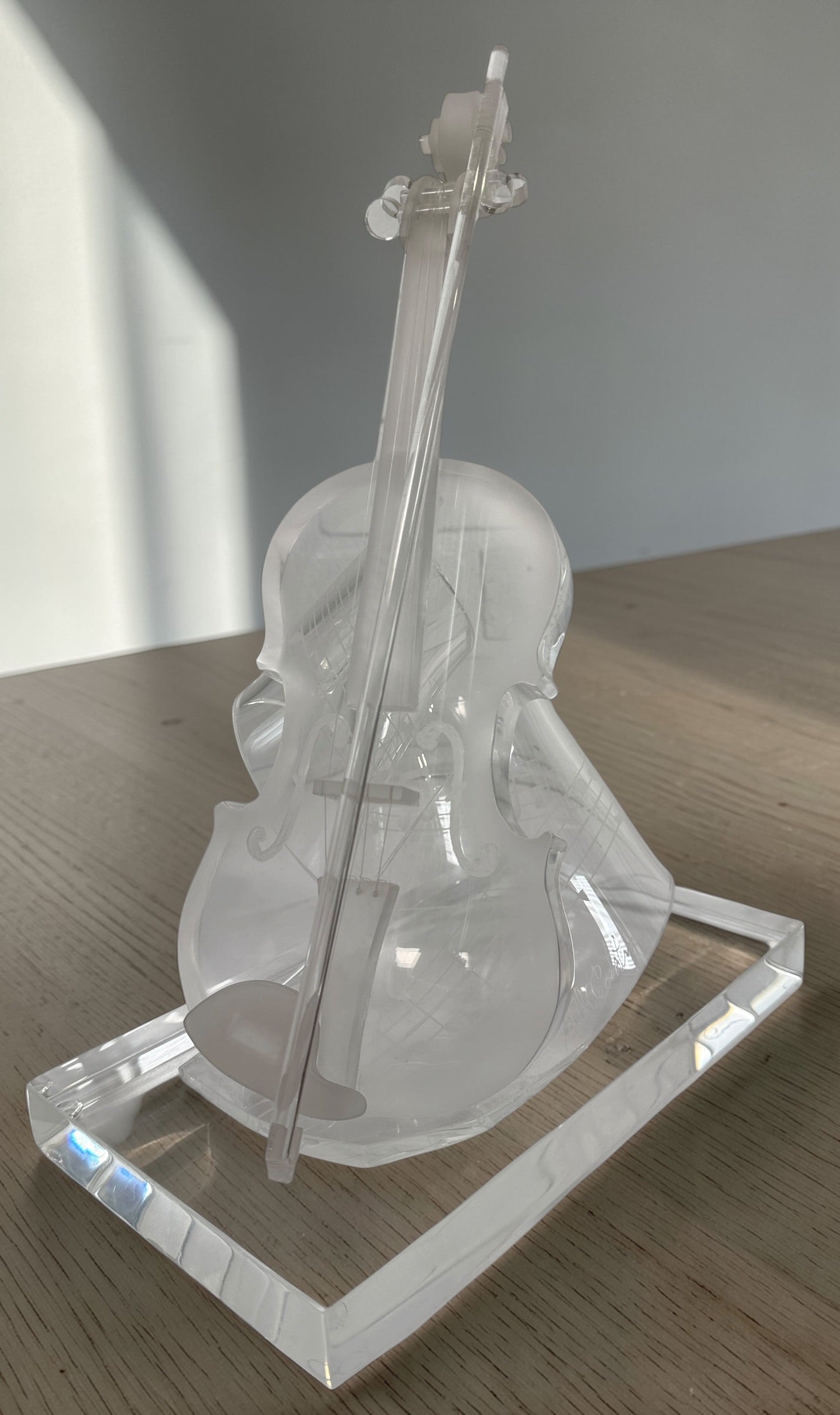 Signed Edith Cantin acrylic violin sculpture with etched musical notes. Unique Quebec studio art piece combining display and functional barware design.