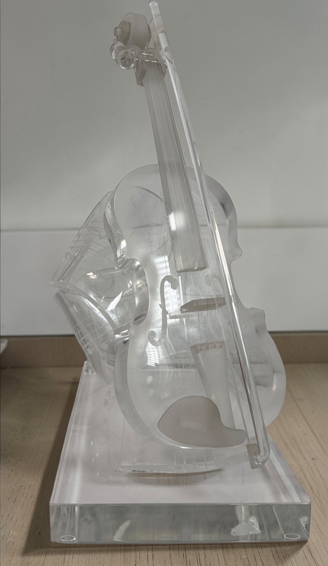 Signed Edith Cantin acrylic violin sculpture with etched musical notes. Unique Quebec studio art piece combining display and functional barware design.