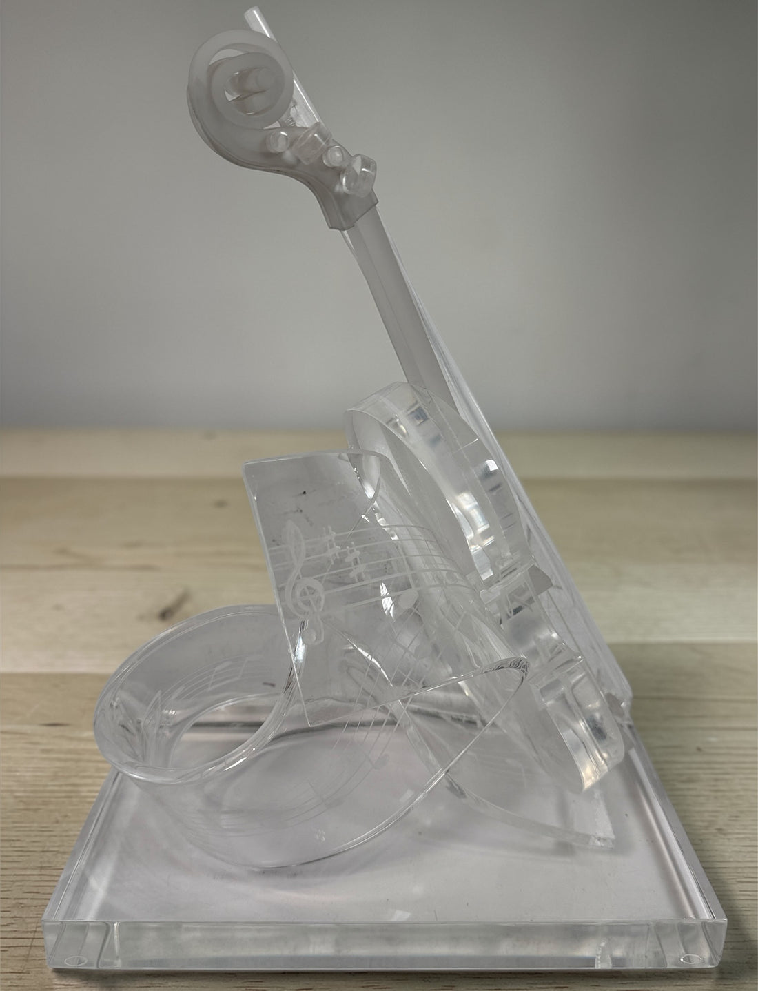 Signed Edith Cantin acrylic violin sculpture with etched musical notes. Unique Quebec studio art piece combining display and functional barware design.