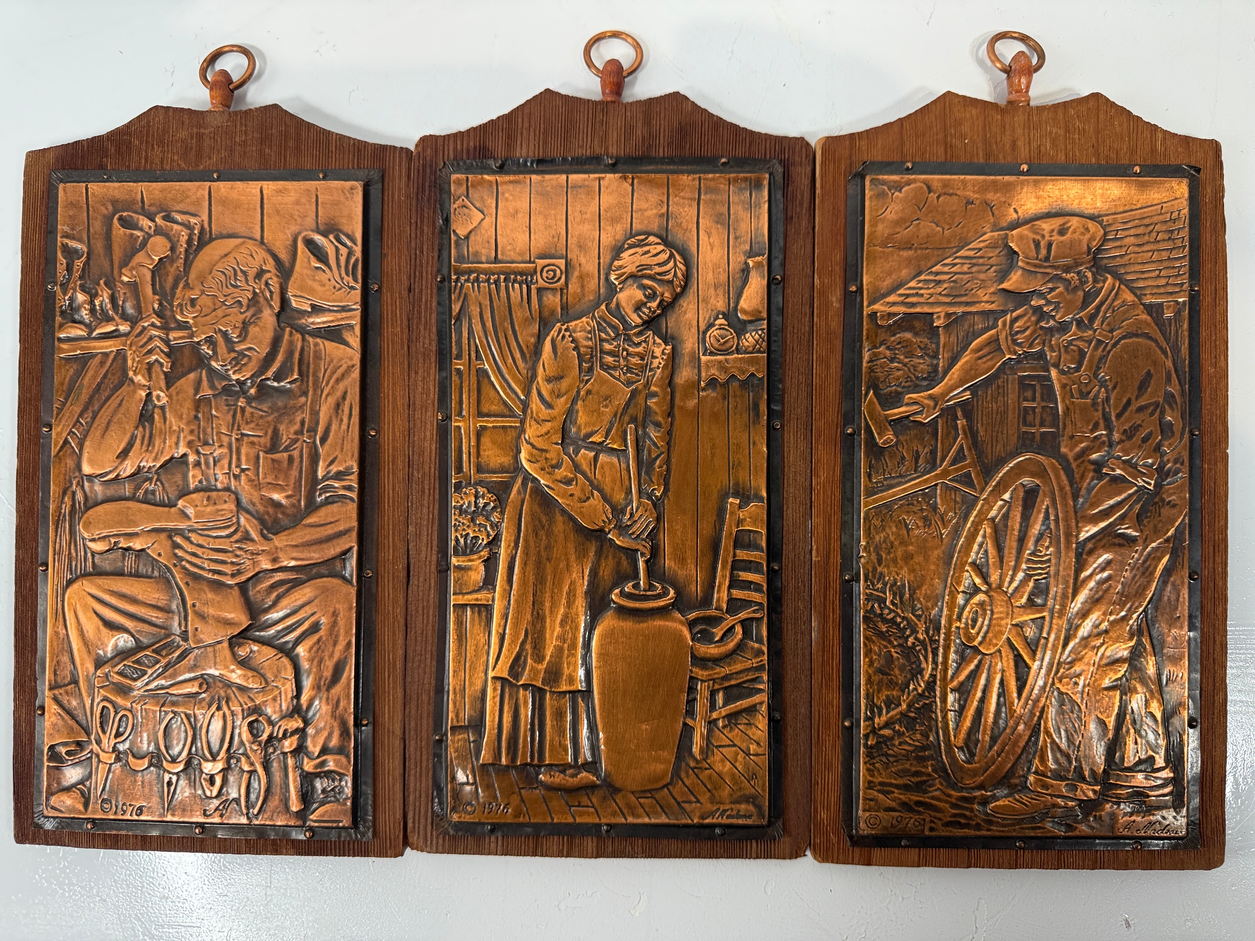 Vintage 1976 Alain Nadeau Repoussé Copper Plaques – Québec Artisan Folk Art Set of 3