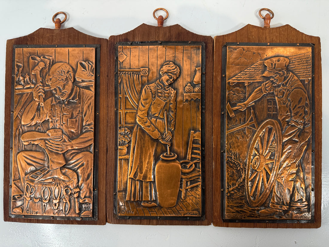 Vintage 1976 Alain Nadeau Repoussé Copper Plaques – Québec Artisan Folk Art Set of 3