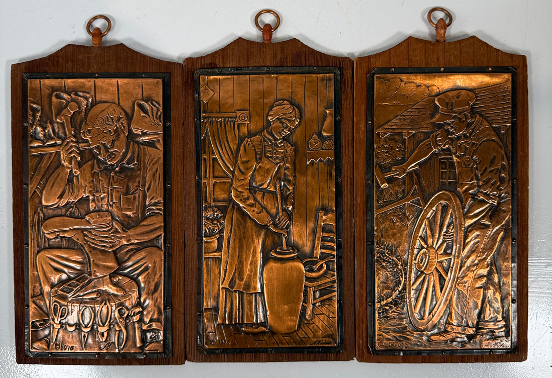 Vintage 1976 Alain Nadeau Repoussé Copper Plaques – Québec Artisan Folk Art Set of 3