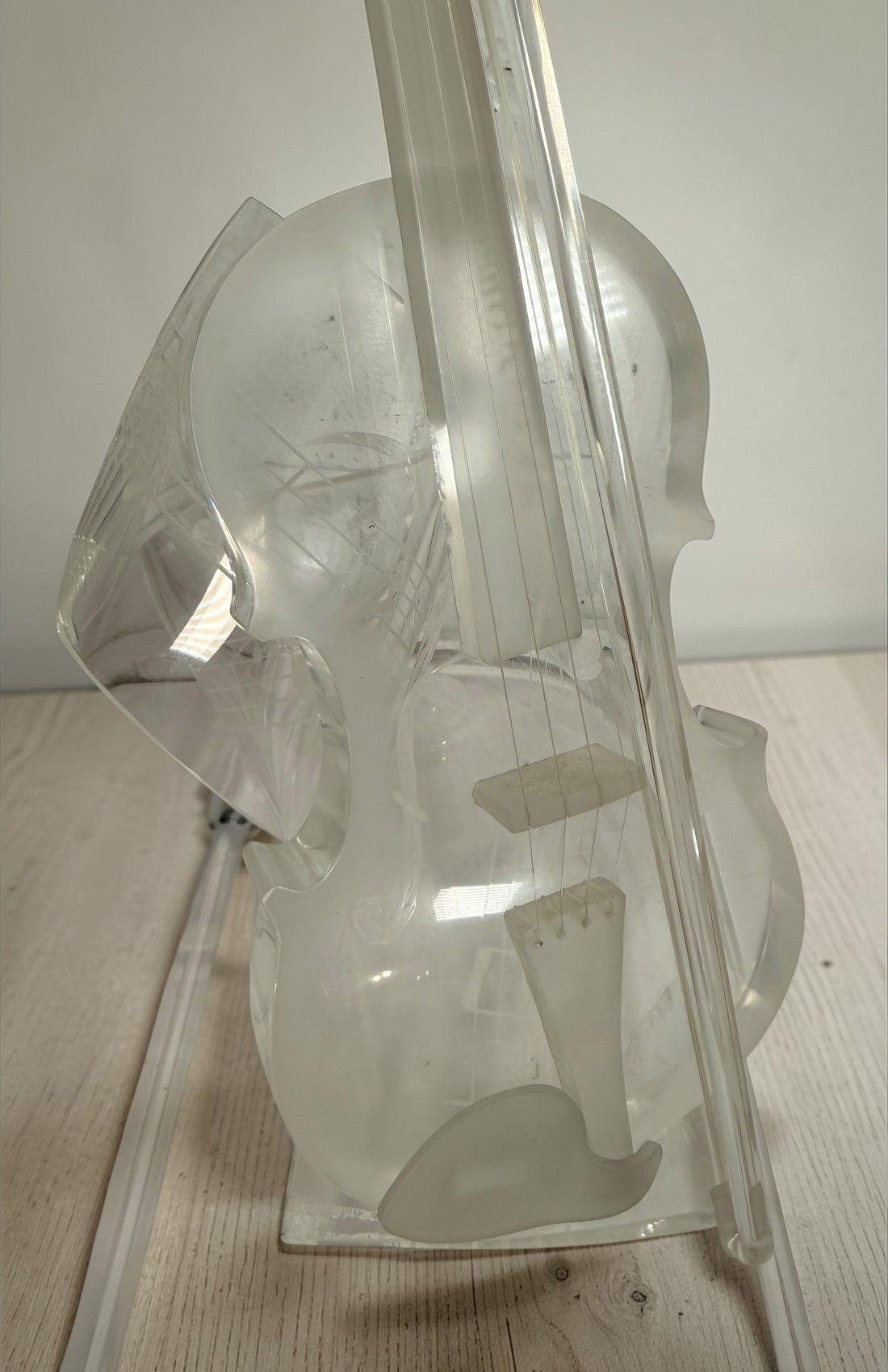 Signed Edith Cantin acrylic violin sculpture with etched musical notes. Unique Quebec studio art piece combining display and functional barware design.
