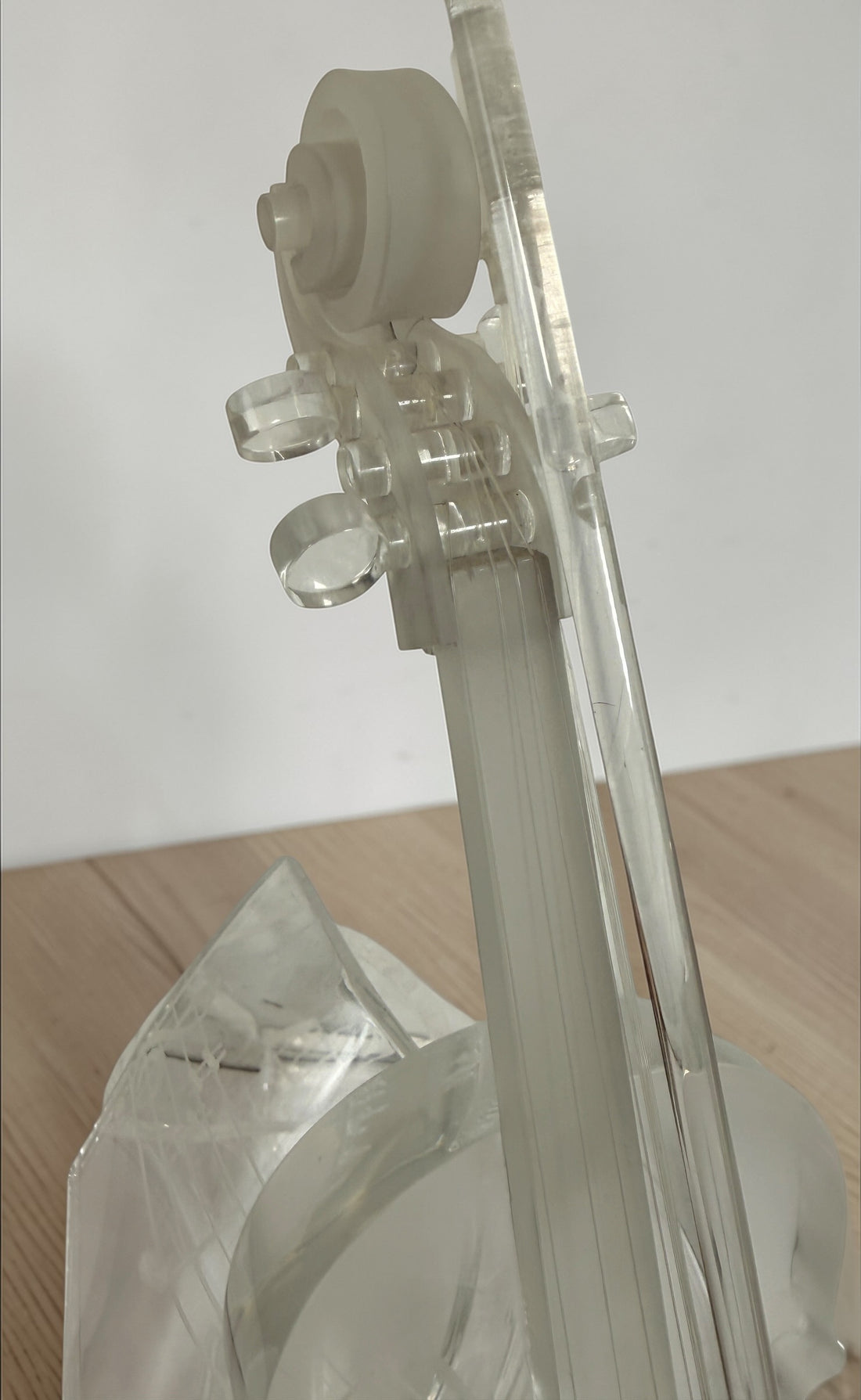 Signed Edith Cantin acrylic violin sculpture with etched musical notes. Unique Quebec studio art piece combining display and functional barware design.