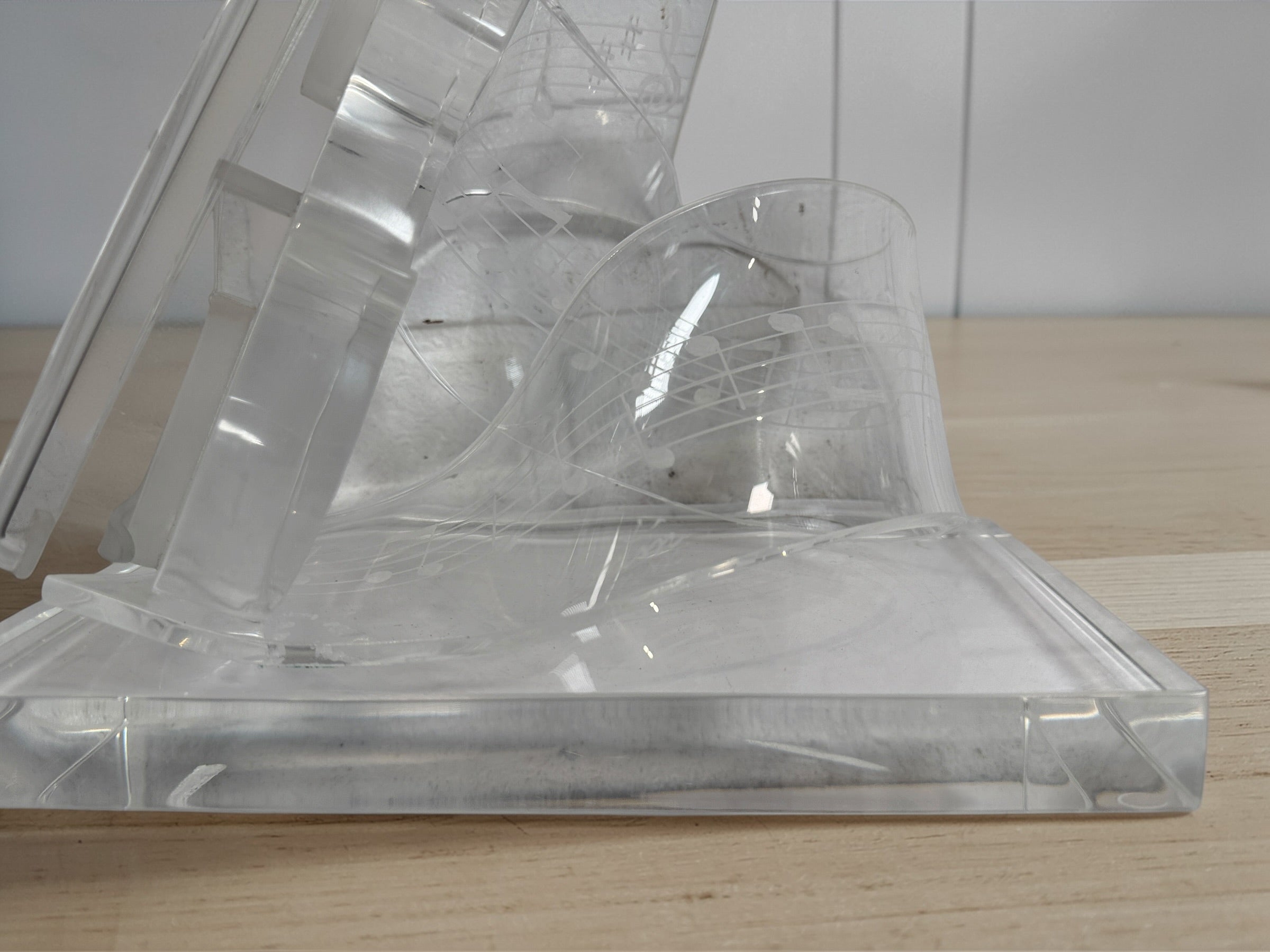 Signed Edith Cantin acrylic violin sculpture with etched musical notes. Unique Quebec studio art piece combining display and functional barware design.