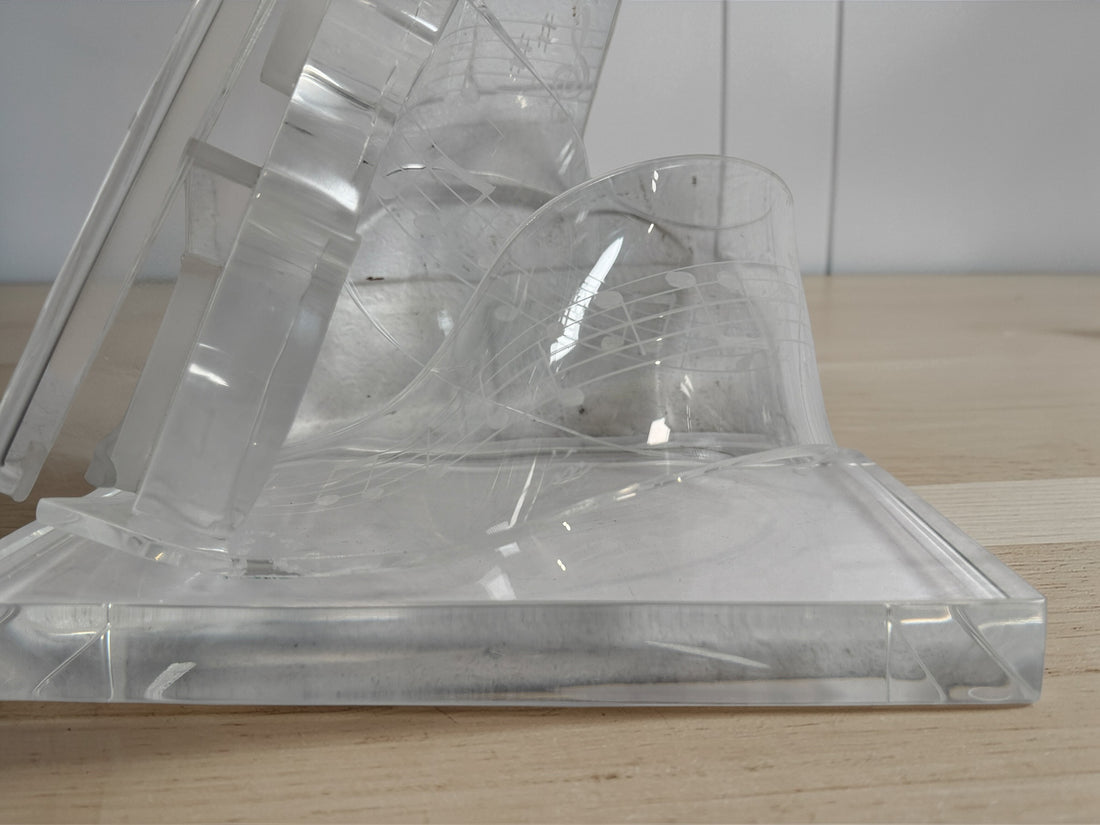 Signed Edith Cantin acrylic violin sculpture with etched musical notes. Unique Quebec studio art piece combining display and functional barware design.