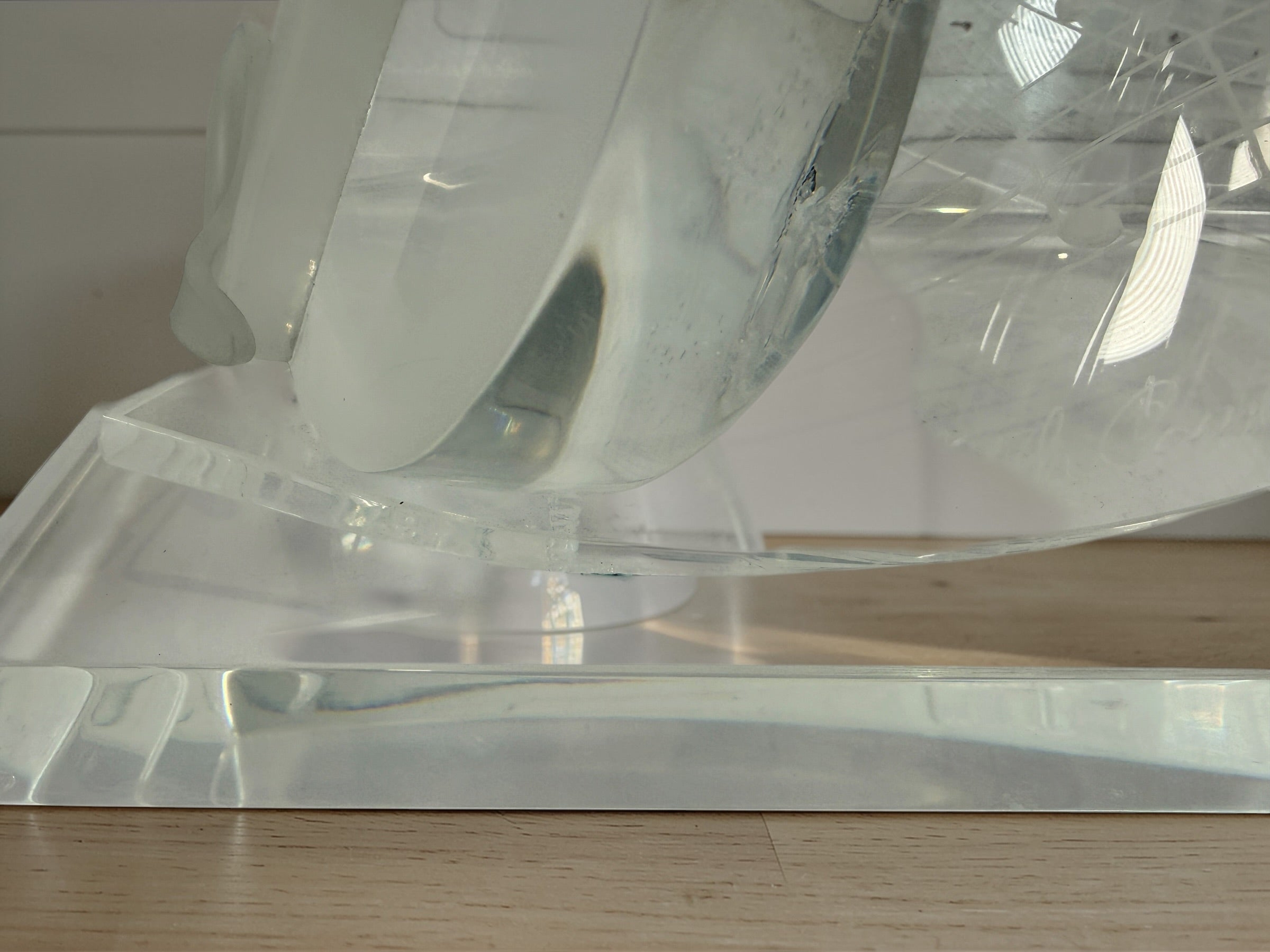 Signed Edith Cantin acrylic violin sculpture with etched musical notes. Unique Quebec studio art piece combining display and functional barware design.