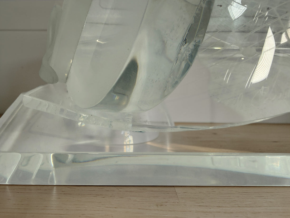 Signed Edith Cantin acrylic violin sculpture with etched musical notes. Unique Quebec studio art piece combining display and functional barware design.