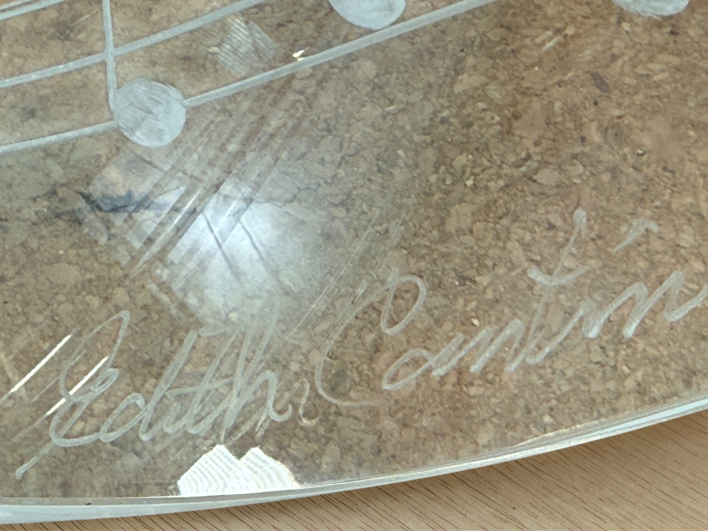Signed Edith Cantin acrylic violin sculpture with etched musical notes. Unique Quebec studio art piece combining display and functional barware design.
