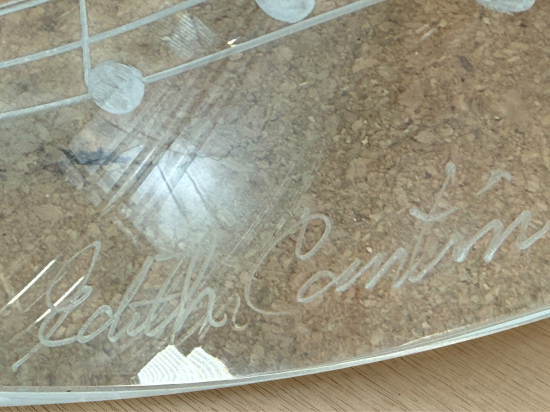 Signed Edith Cantin acrylic violin sculpture with etched musical notes. Unique Quebec studio art piece combining display and functional barware design.