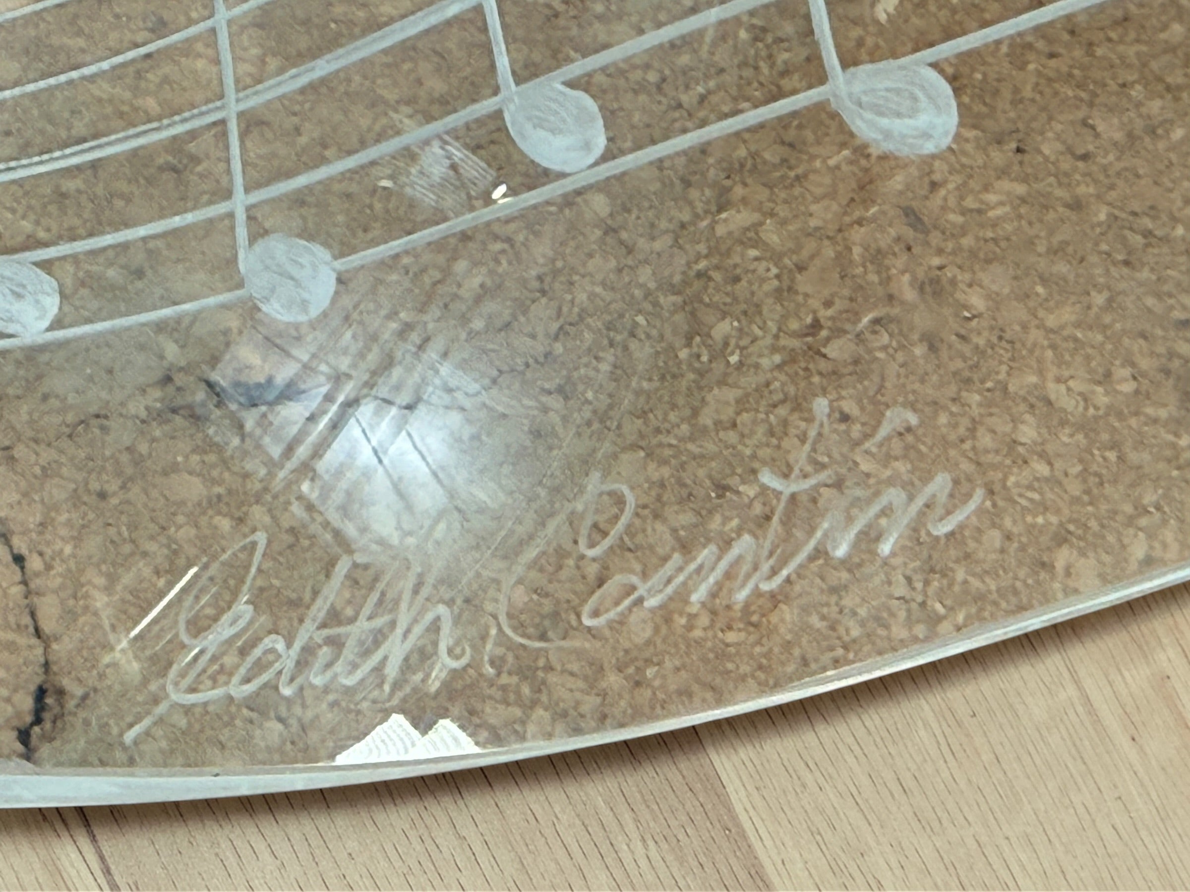 Signed Edith Cantin acrylic violin sculpture with etched musical notes. Unique Quebec studio art piece combining display and functional barware design.