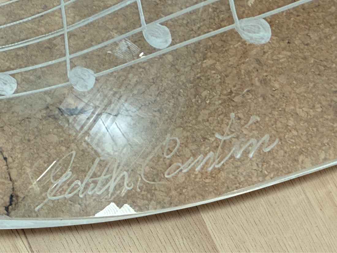Signed Edith Cantin acrylic violin sculpture with etched musical notes. Unique Quebec studio art piece combining display and functional barware design.
