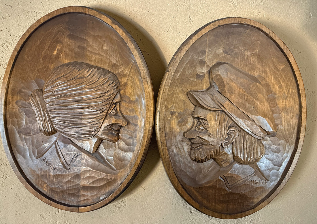 Hand-carved Quebec wood plaques signed Marc Fournier, Saint-Jean-Port-Joli folk art pair featuring fisherman and woman, vintage rustic wall decor.