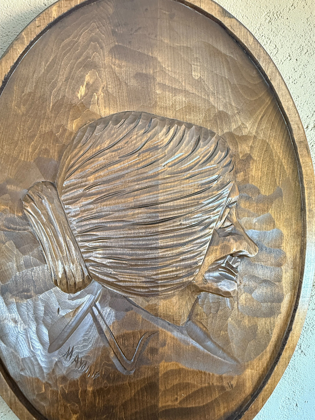 Hand-carved Quebec wood plaques signed Marc Fournier, Saint-Jean-Port-Joli folk art pair featuring fisherman and woman, vintage rustic wall decor.