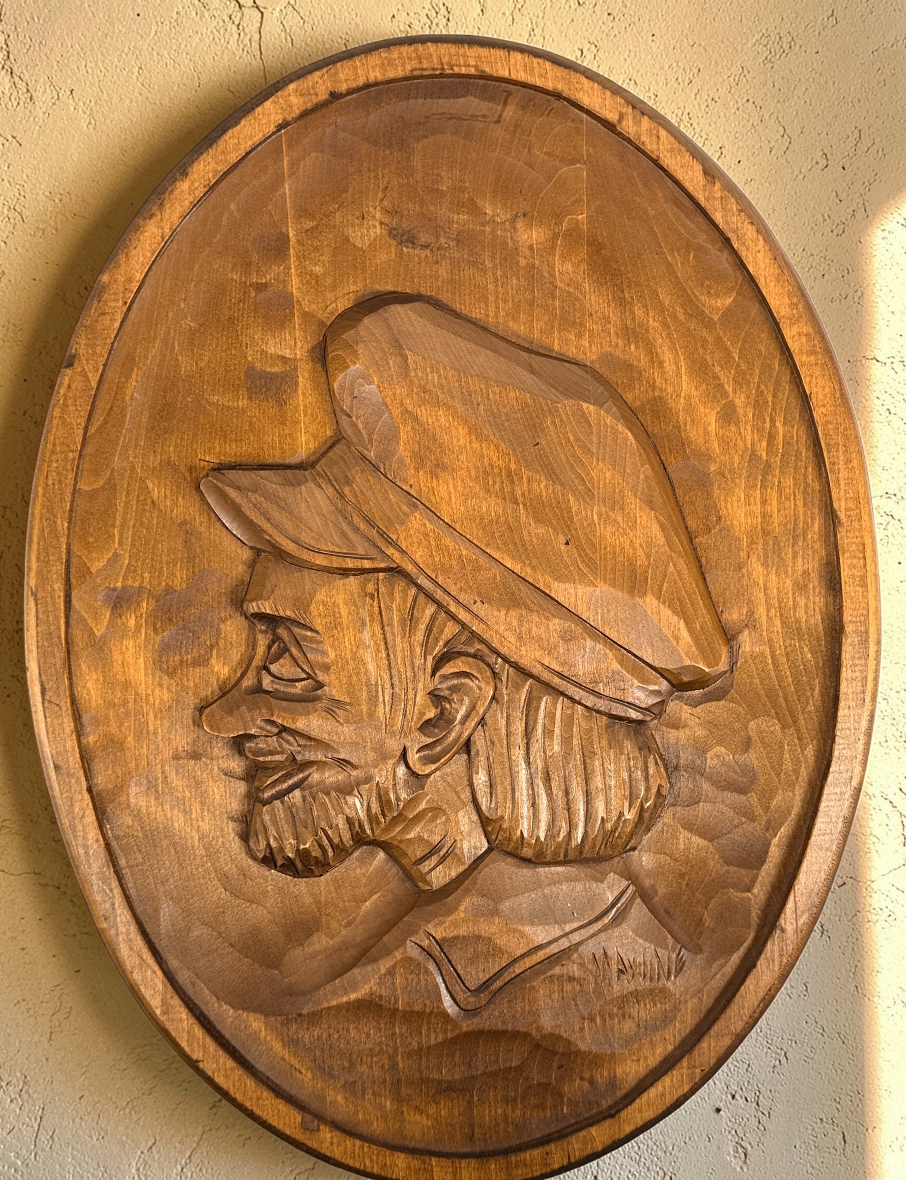 Hand-carved Quebec wood plaques signed Marc Fournier, Saint-Jean-Port-Joli folk art pair featuring fisherman and woman, vintage rustic wall decor.