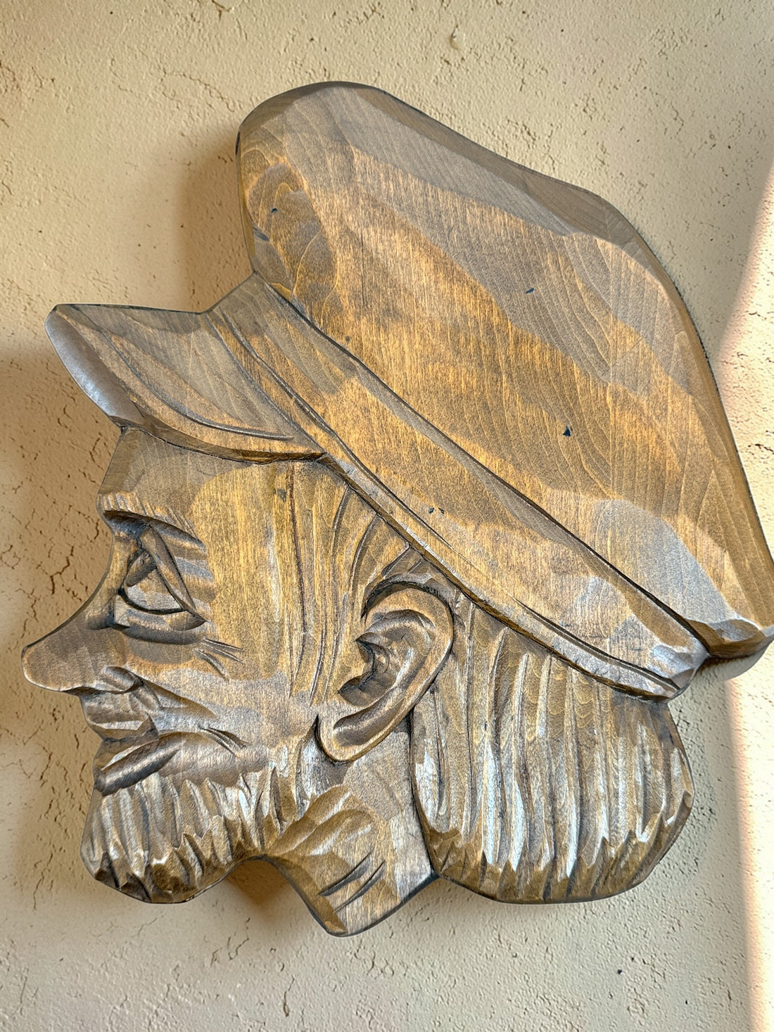 Hand-carved Quebec wood plaques signed Marc Fournier, Saint-Jean-Port-Joli folk art pair featuring fisherman and woman, vintage rustic wall decor.