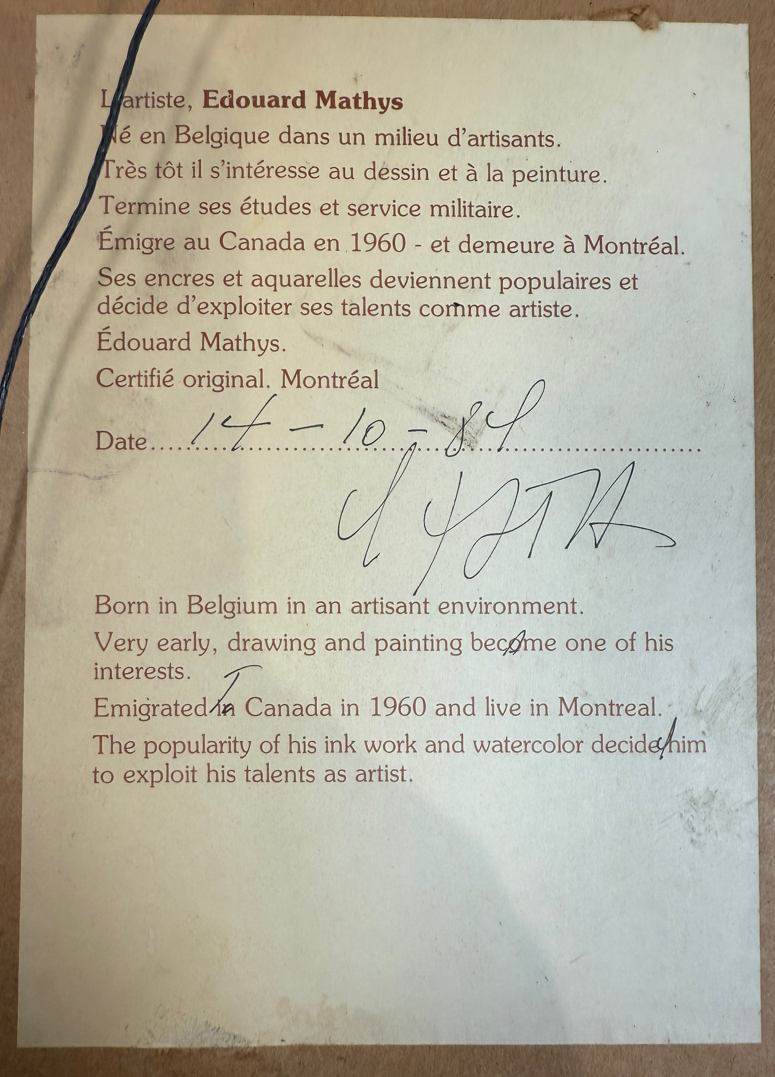 1984 Edouard Mathys Watercolor – Petit coin de St-Augustin