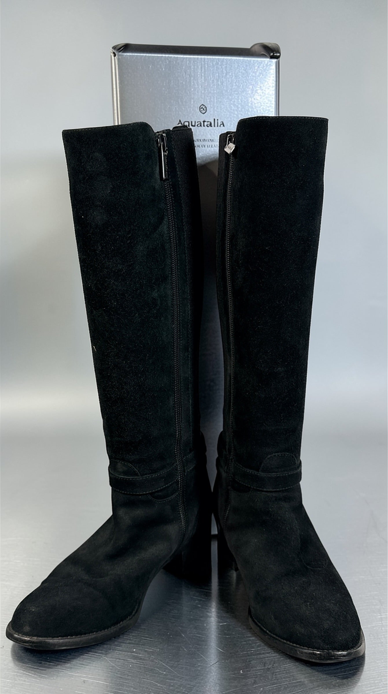 Aquatalia ULLY black suede knee-high boots size 7, Italian leather, stretch panel, zip closure, durable lug sole, stylish designer winter footwear.